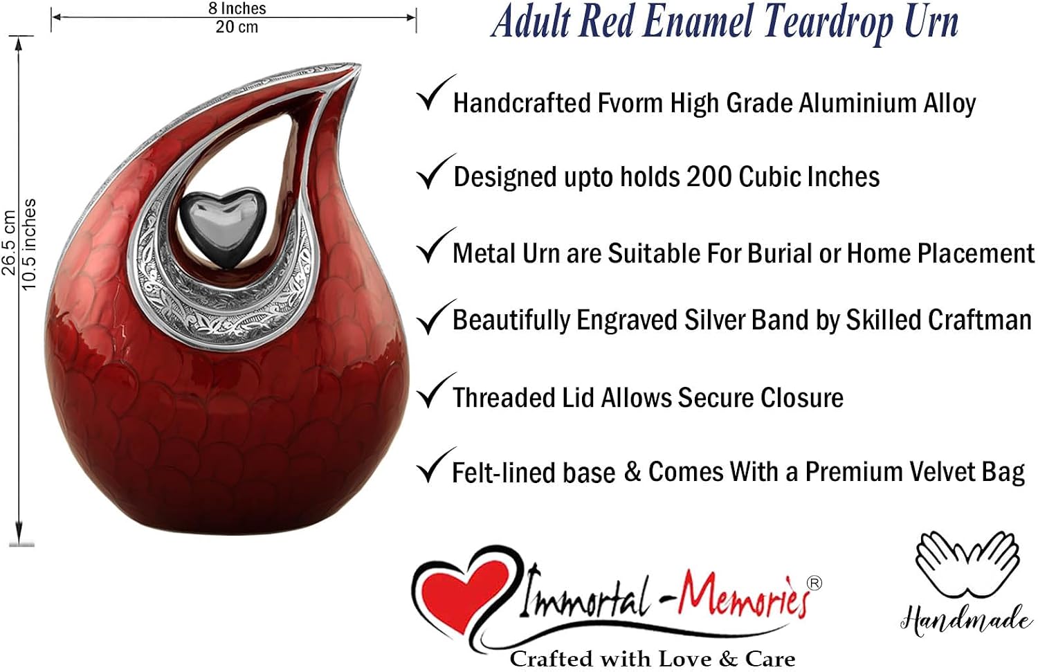 Personalized Teardrop Urn - Teardrop Cremation Urns for Human Ashes - Unique Memorial Urn for Men & Women - Full Size Adult Funeral Urns for Ashes up to 210 Cubic Inches with Velvet Bag (Red)