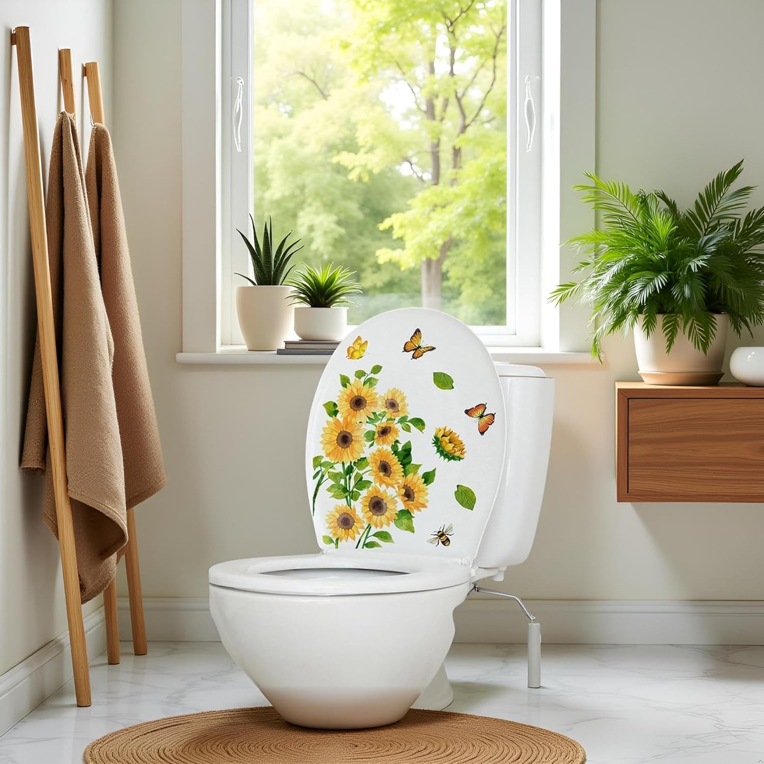 Sunflower Butterfly Bathroom Toilet Lid Sticker, Self-Adhesive Wall Murals, Waterproof Decals for Home Art Decor