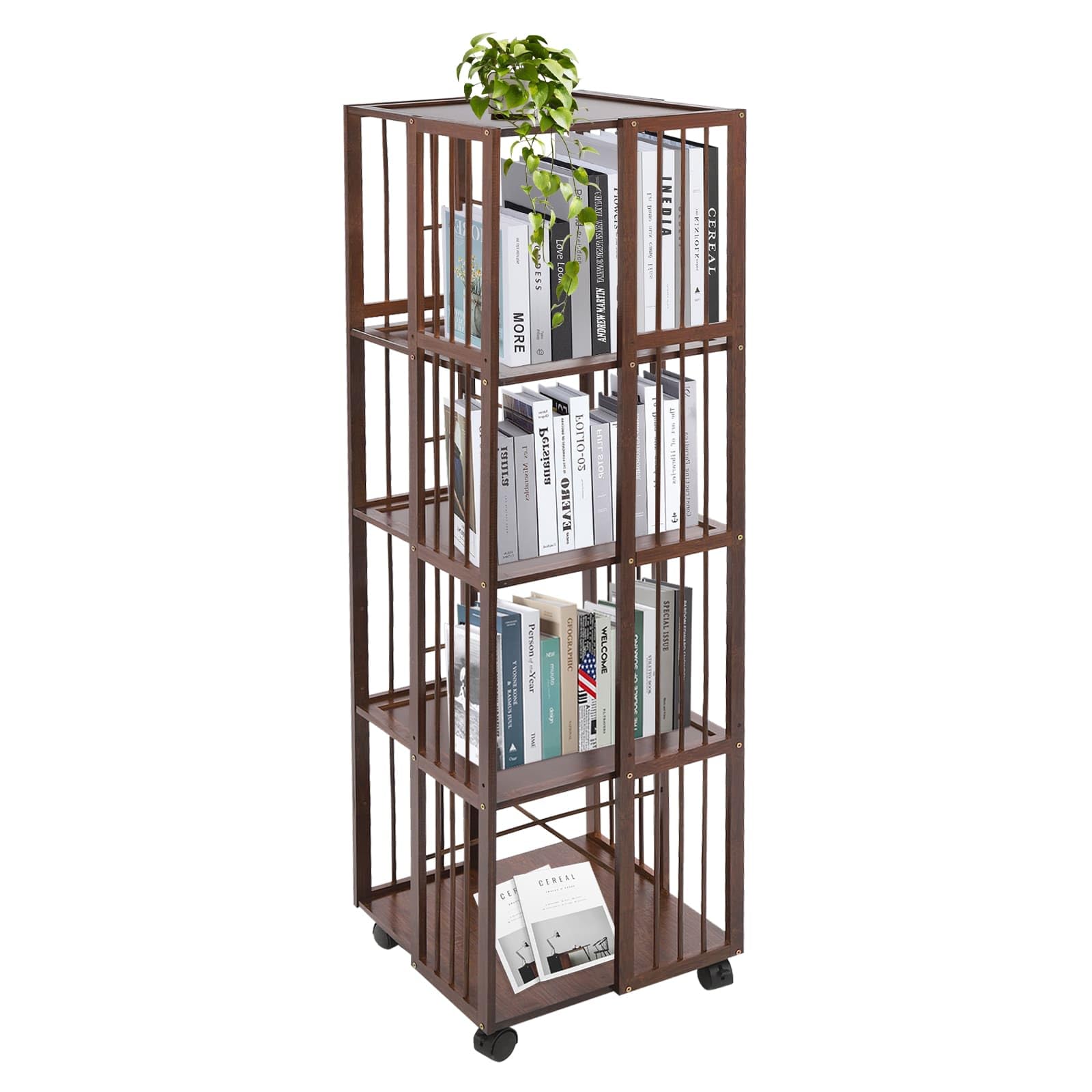 Librería giratoria de bambú con ruedas, estante para libros móviles de 5 niveles, 37 x 37 x 132 cm, para libros, álbumes, plantas