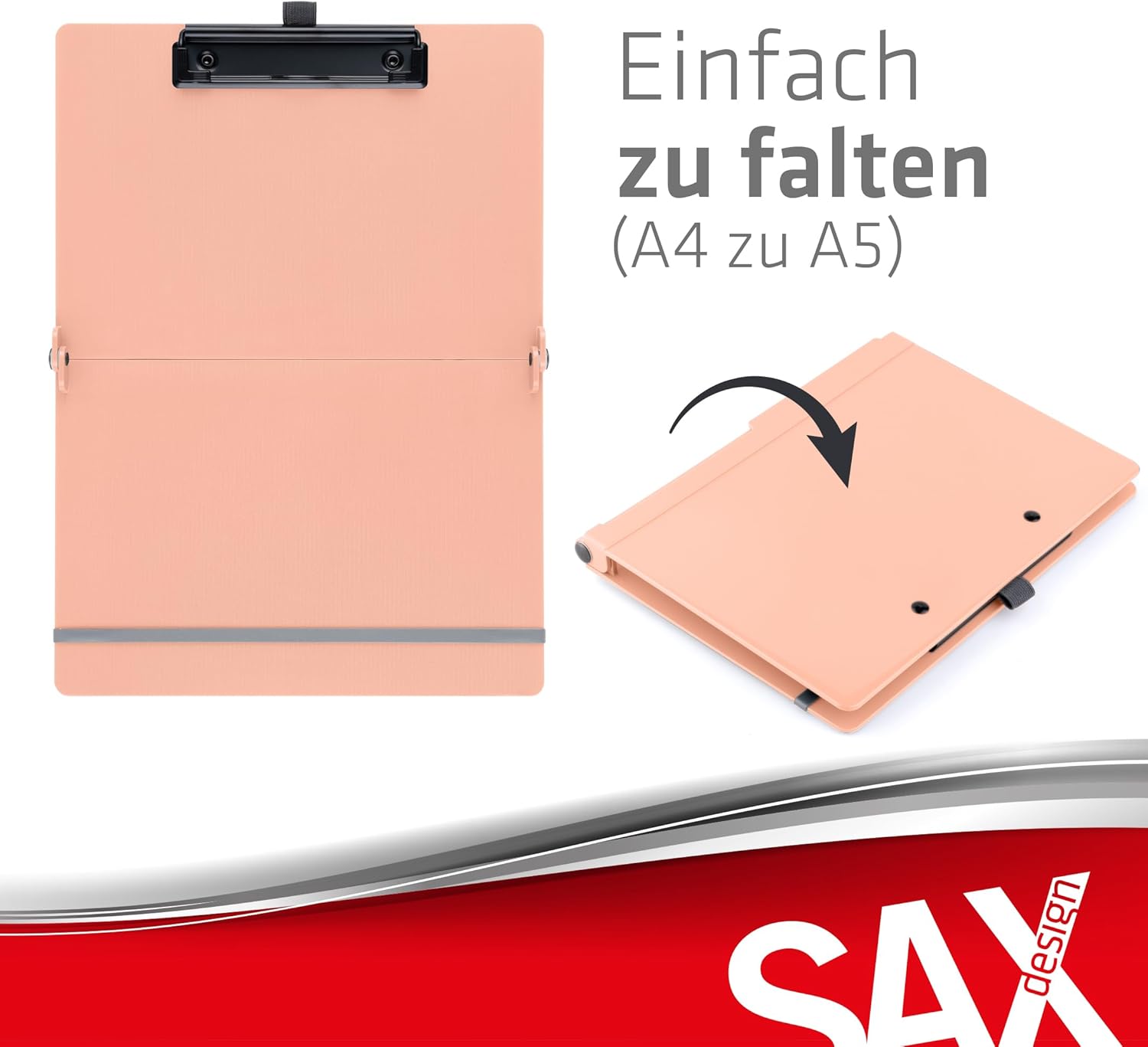 Sax Folding Clipboard Grapefruit Clipboard A4 to A5 Portrait and Landscape Format Ideal for Travel and Business Holds 30 Sheets Includes Elastic Closure Band and Pen Loop Durable & Shockproof
