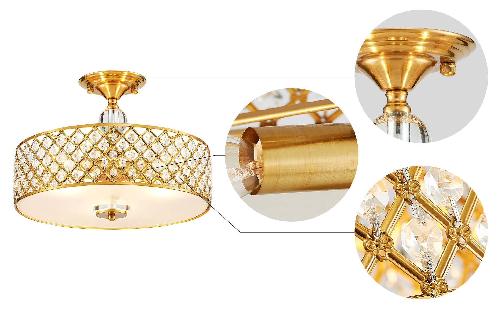 Saint Mossi kryształowa lampa sufitowa, nowoczesny design półspłukiwania, idealna do salonu, sypialni, jadalni, D 40 cm x wys. 28 cm, 3 światła, złota rama