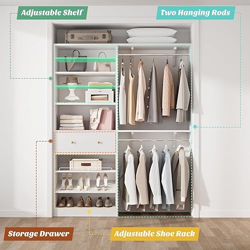 Miniatura 5 de Sistema de armario con cajón sistema organizador reversible de madera de 5 pies con 2 varillas para colgar y estante ajustable, organizadores de
