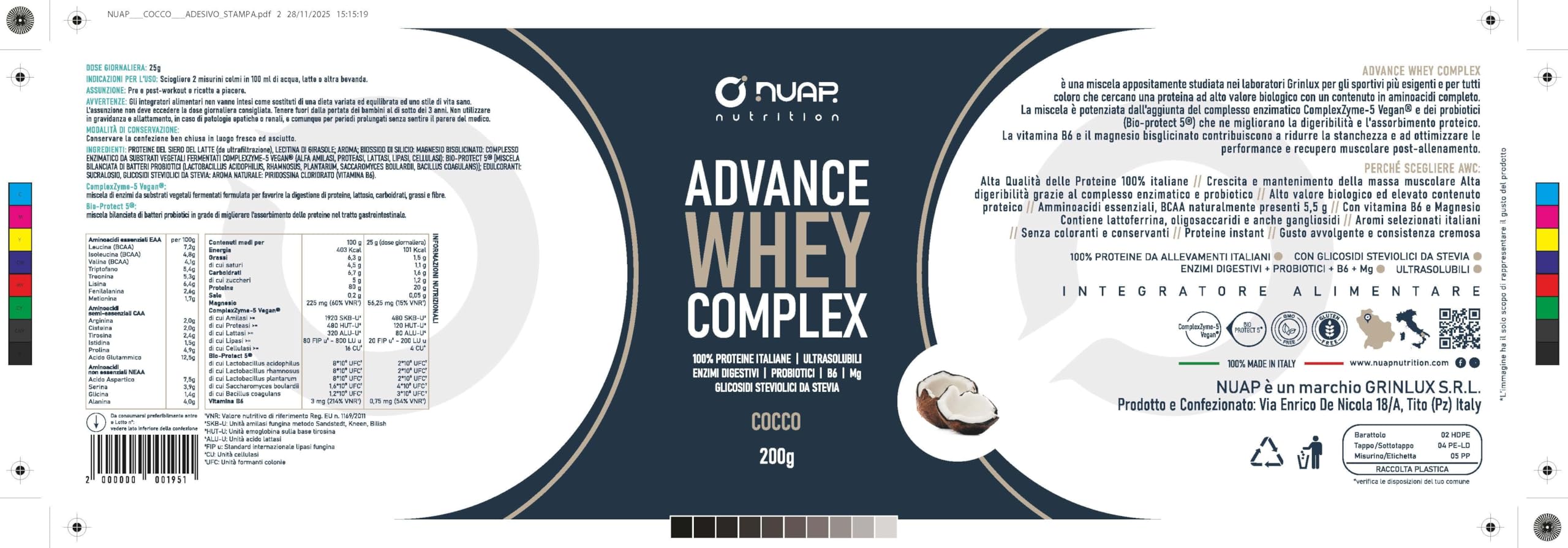 NUAP Advance Whey Complex Proteine Whey in Polvere, 700 g, 20 g di Proteine per Dose, con ComplexZyme-5 Vegan® e BioProtect-5®, Vitamina B6 e Magnesio (Cocco)