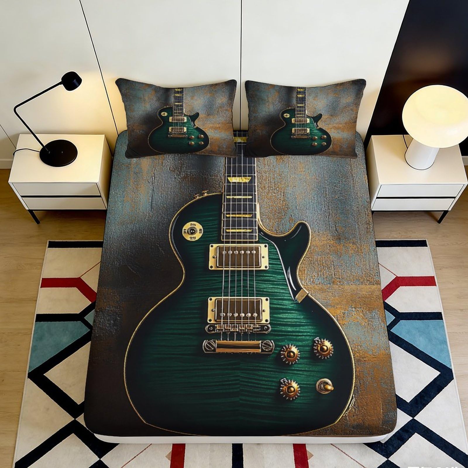 3D Printed Electric Guitar Fitted Sheet Microfiber Soft Durable Rock Music Bed Cover for Bedroom Dormitory Guest Room Mattress Protection 200x200x25cm