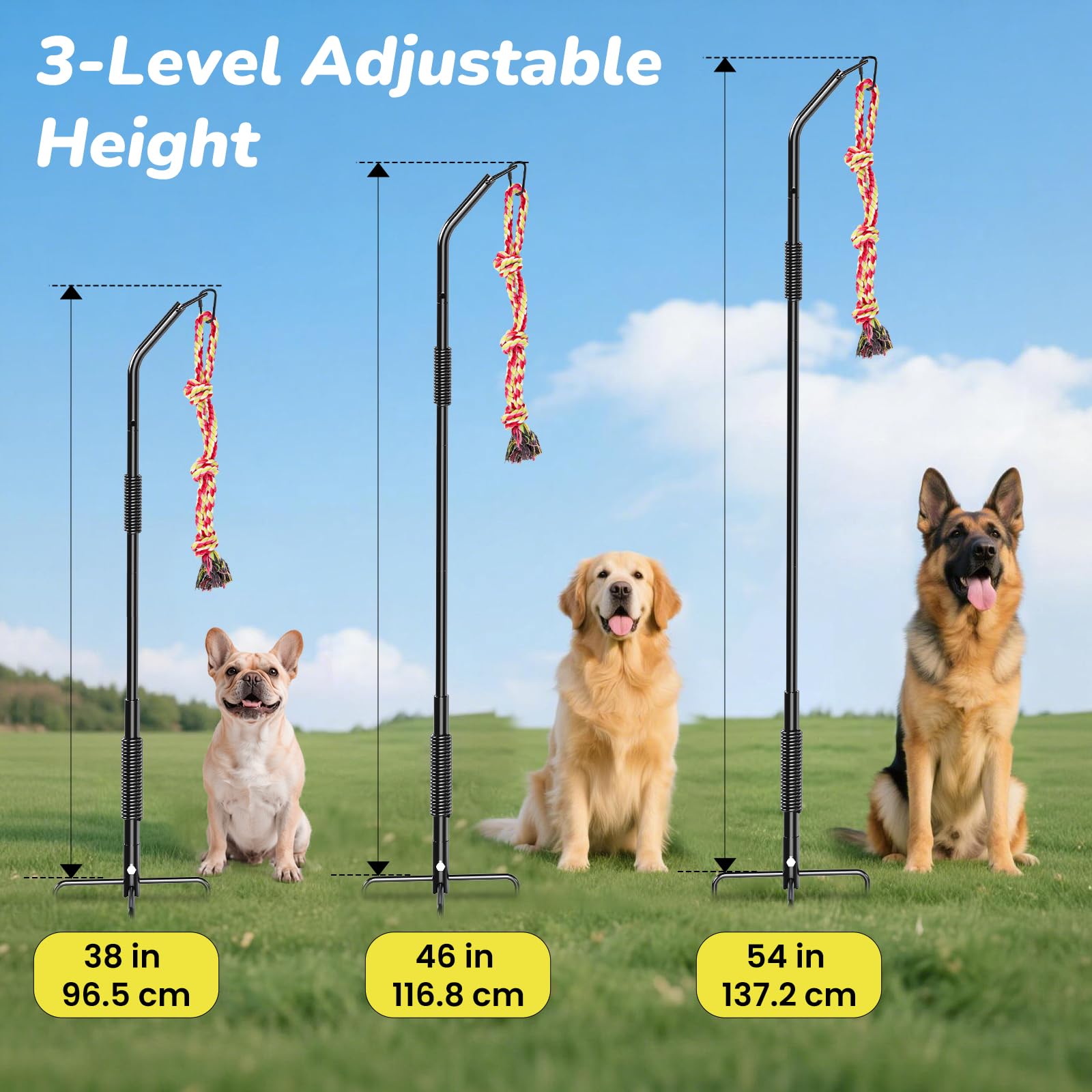 Juguete de cuerda para perros de rotación de 360°, juguete de cuerda para perros de ejercicio en patio/parque/césped, entrenamiento de perros, 3 juguetes de cuerda, 2 postes de resorte reforzados