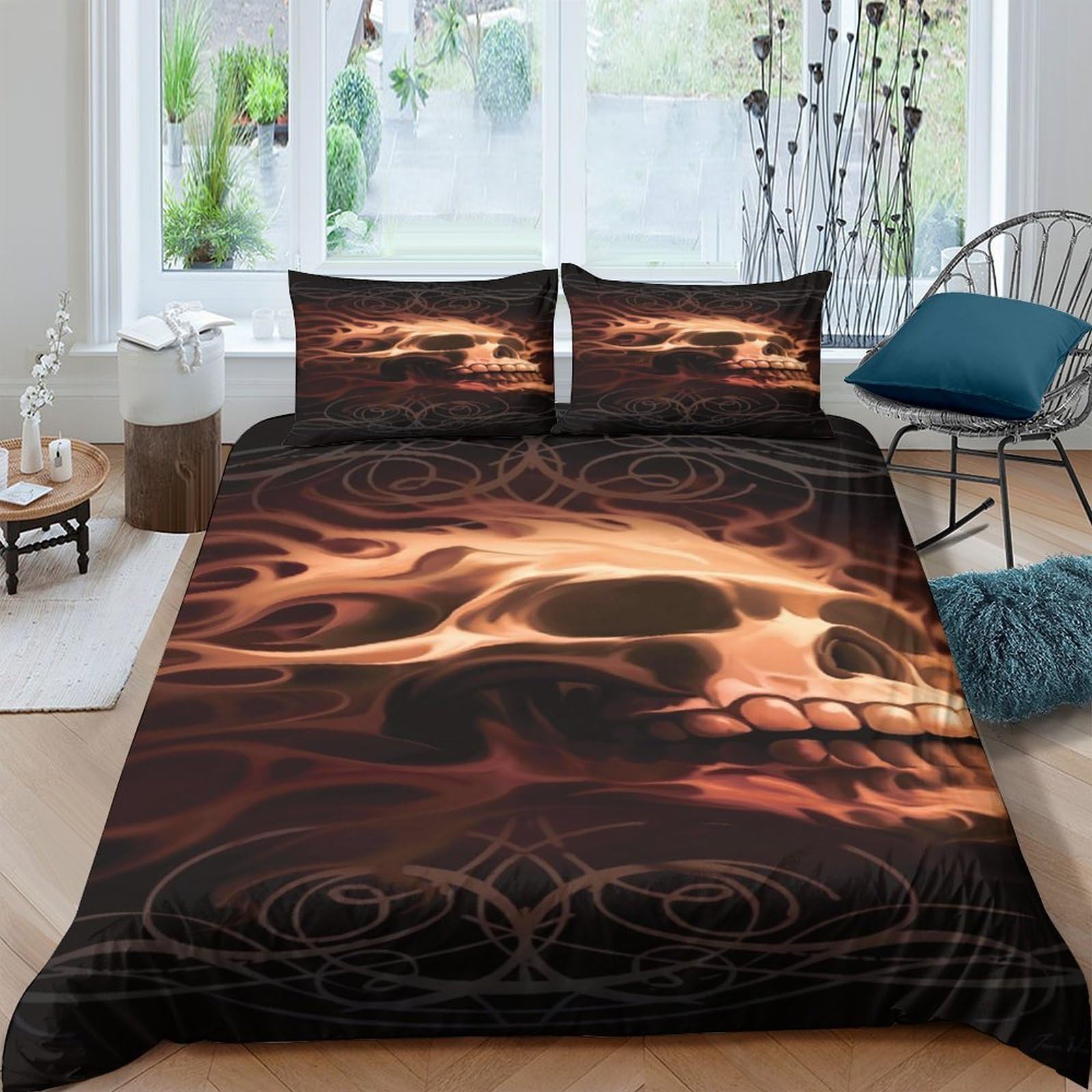 Ctjqhvkz Style-1 3D Printed Flaming Skull Fitted Sheet Microfiber Soft Black Gothic Skeleton Bed Cover For Bedroom Dorm Mattress Decor Single（135X200cm）
