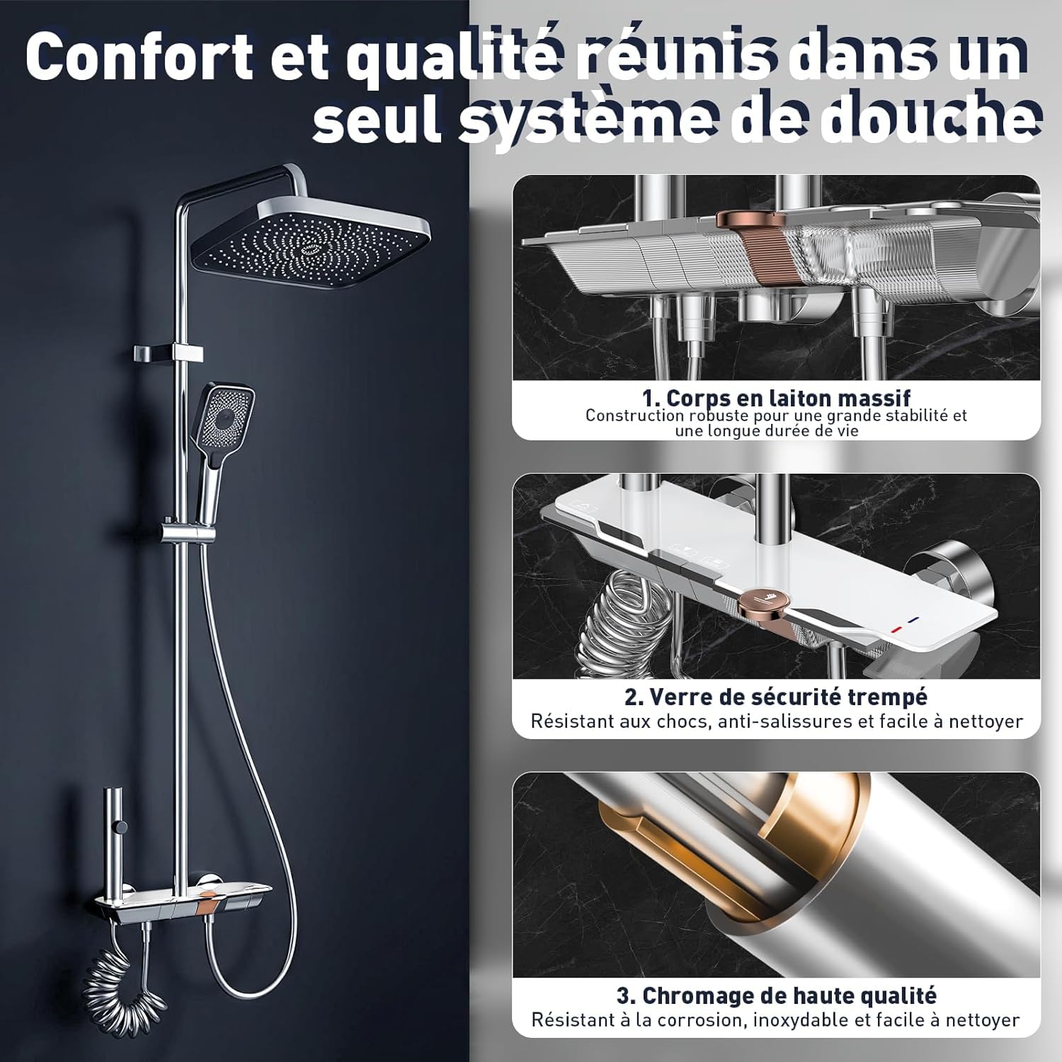 Colonne de Douche avec Mitigeur, Ensemble Douche Tête Pluie XXL 31,5cm, Panneau Commande Piano 4 Fonctions, Hauteur Réglable 83-110cm, pour Baignoire et Salle de Bain - Blanc - 4
