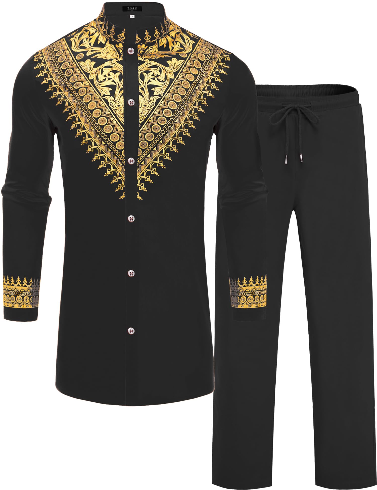 Mens African 2 Piece Set Metallic Traditional Suit Gold Stamp Printed African Dashiki Shirt and Pants Outfit