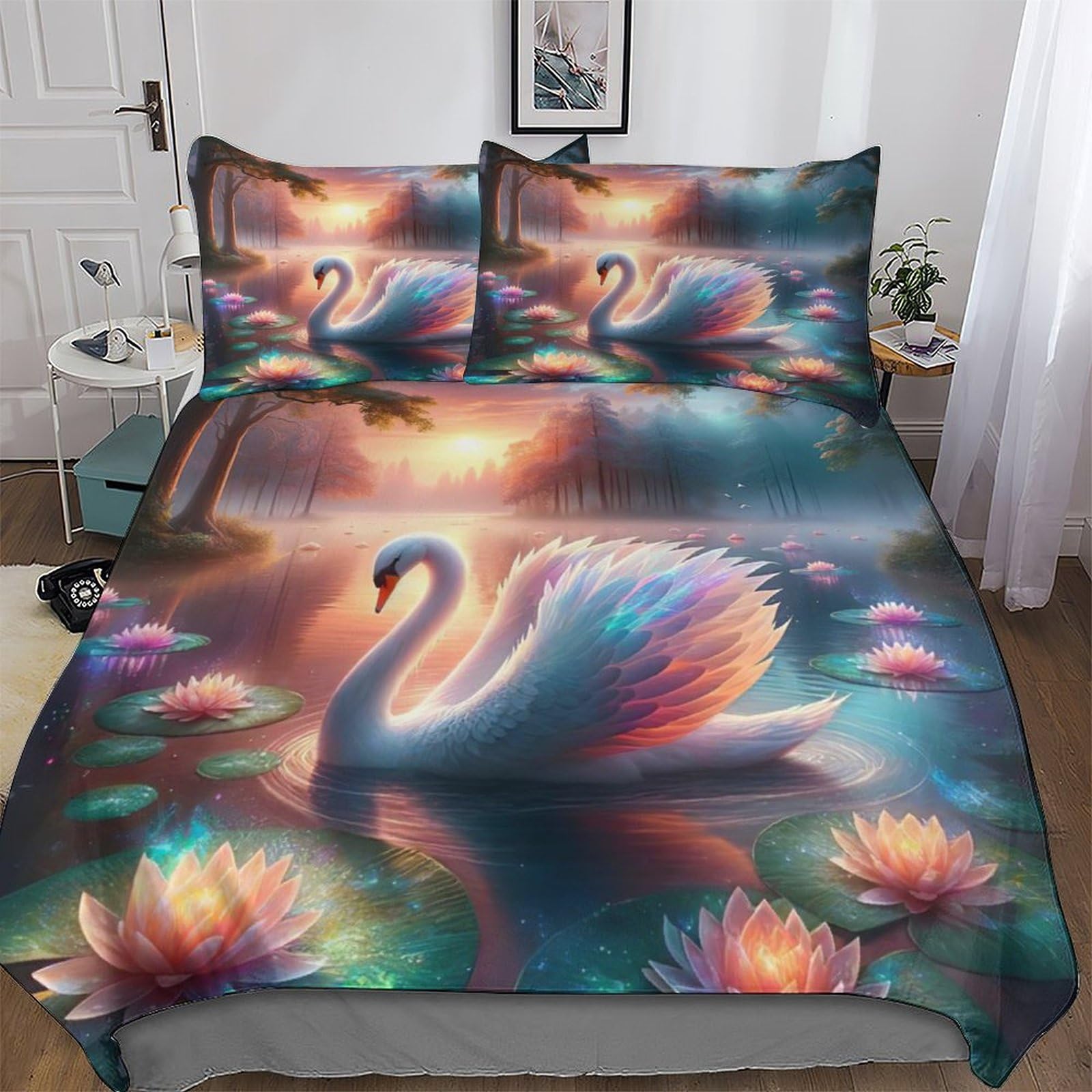 Pazzk Boys Swan-1 Swan Bedding Set 3D Print Duvet Cover Set With Pillowcase With Zipper Soft Microfiber Bedspread Cover Comforter Cover 3Pcs For Girls And Teenagers Double (200X200cm)