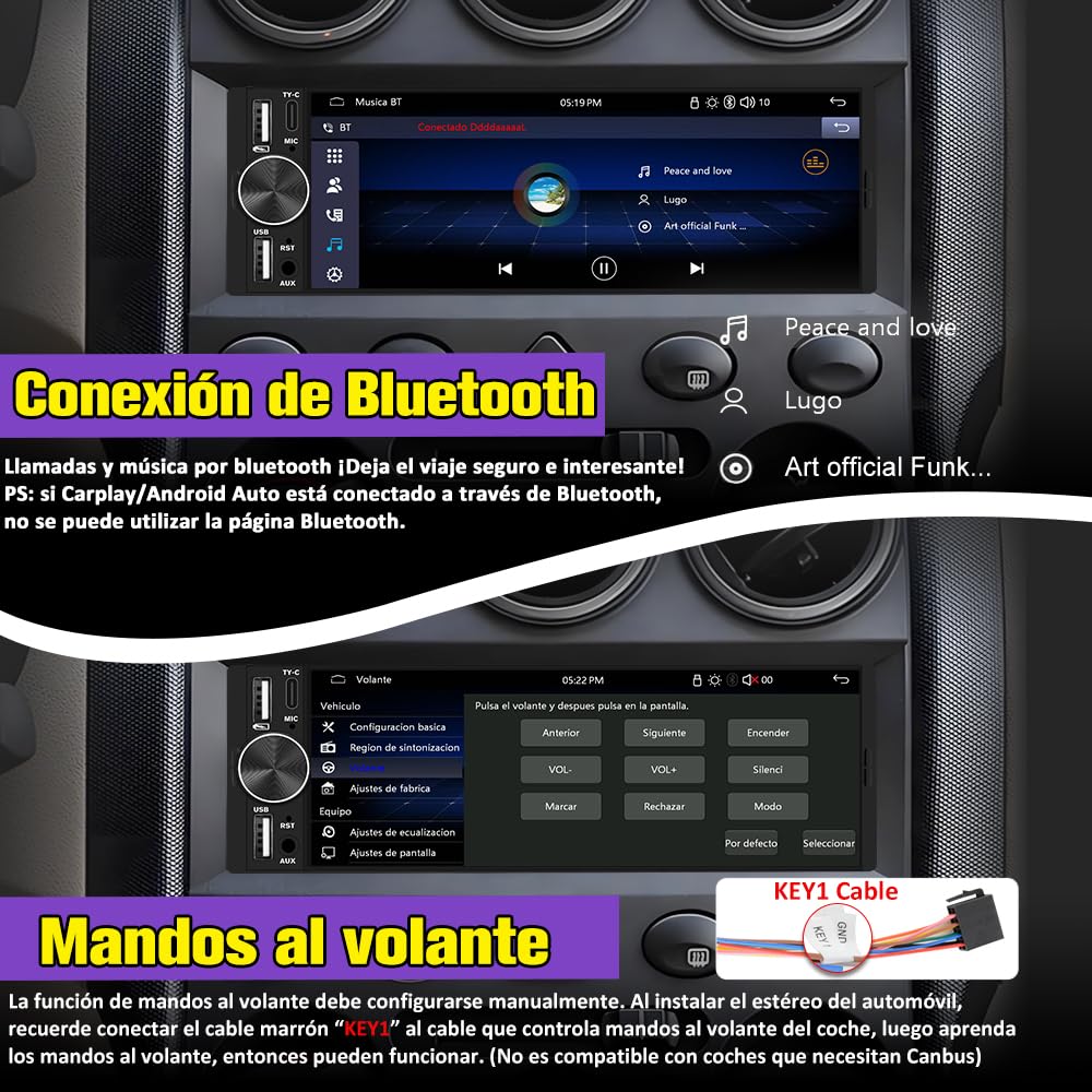AWESAFE Radio de Coche 1 DIN Universal con Carplay y Android Auto Inalámbrico, Autoradio 1 DIN con Pantalla Táctil de 6.36 Pulgadas y Cámara Trasera, Soporta Bluetooth/Mandos Volante/FM/Double USB