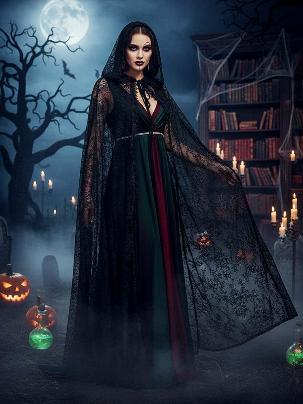 GORAIS Lace Hooded Cloak Long Womens Halloween Costumes Cape Full Length Sheer Cosplay Cloaks Robe