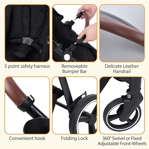 Miniatura 8 de Cochecito doble para bebés y niños pequeños, cochecito tándem reversible con plegado con una sola mano, arnés de 5 puntos, toldo ajustable,