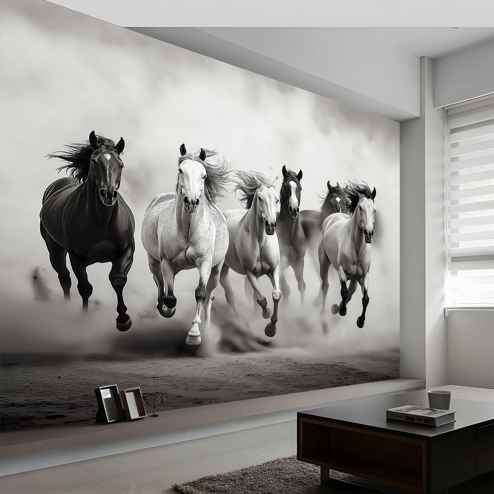Papel pintado panorámico desierto estampado animal caballo, foto mural moderna 400An x 280Al cm - Papel pintado decoración hogar blanco y negro para salón habitación habitación infantil oficina