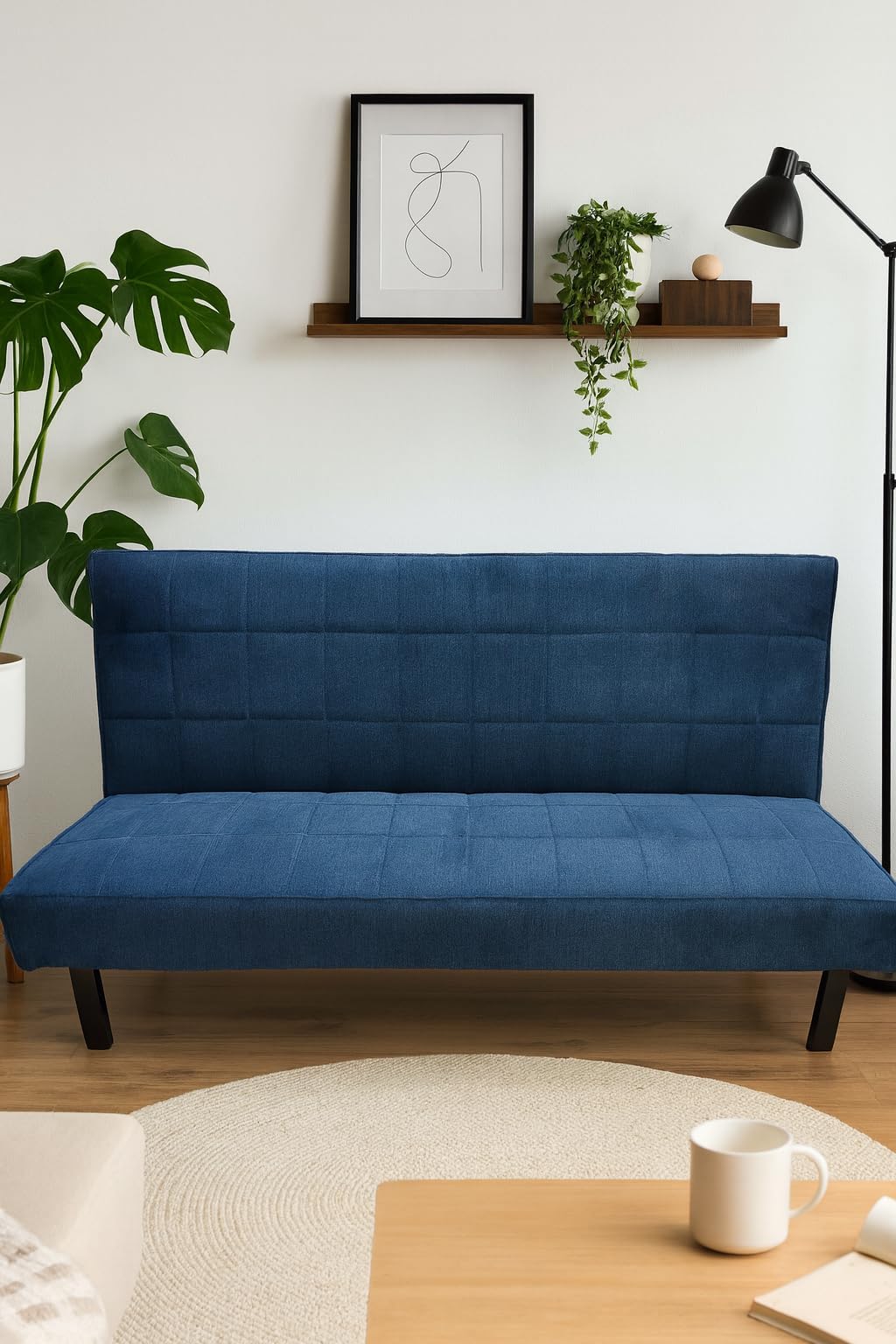 Sofino 3 Seater Click Clack Sofa Bed in Navy Linen – Modern Convertible Futon Sofa with Cushions – Space Saving Sofa Bed for Living room