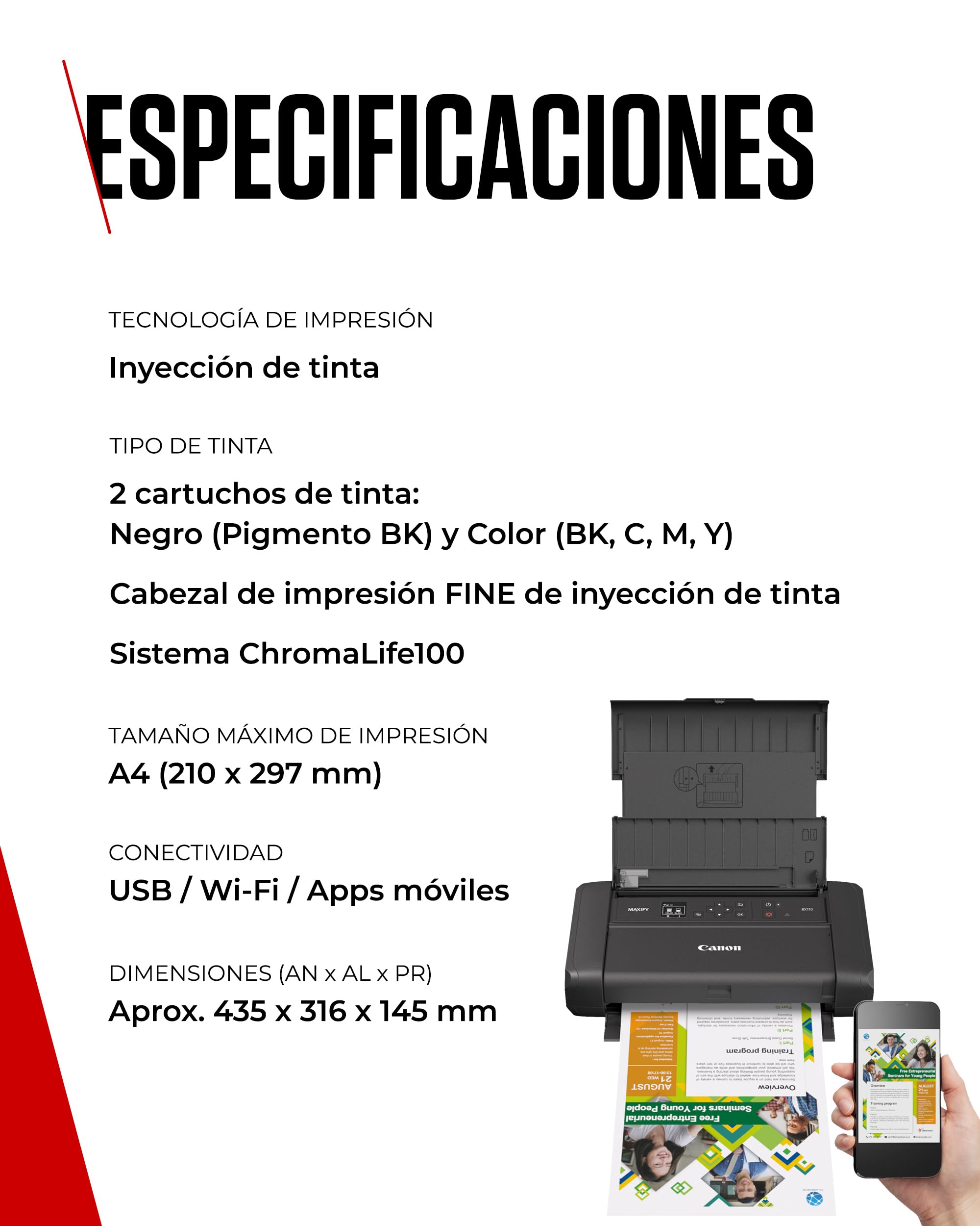 Canon MAXIFY BX110 Impresora Pequeña Inalámbrica - Batería Recargable - Imprime hasta A4 Desde Ordenador, Smartphone | Ideal para Teletrabajo y Viajes