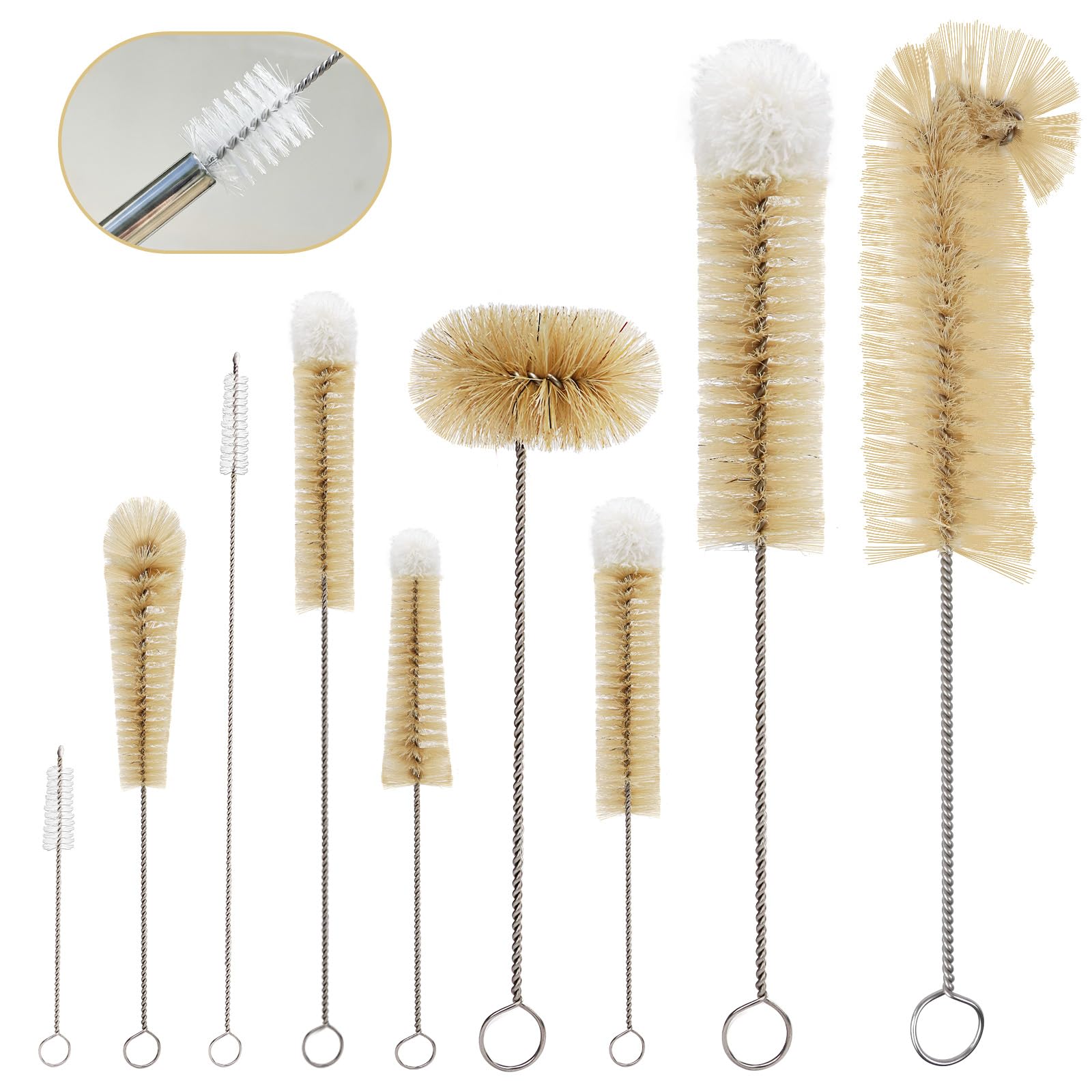 Masthome Brown 9Pcs Natural Boar Bristle Bottle Brush Set-Flexible Stainless Steel Handle-Non-Scratch Straw Cleaner For Water Bottles-Jars And Teapots-Reusable Cleaning Brushes