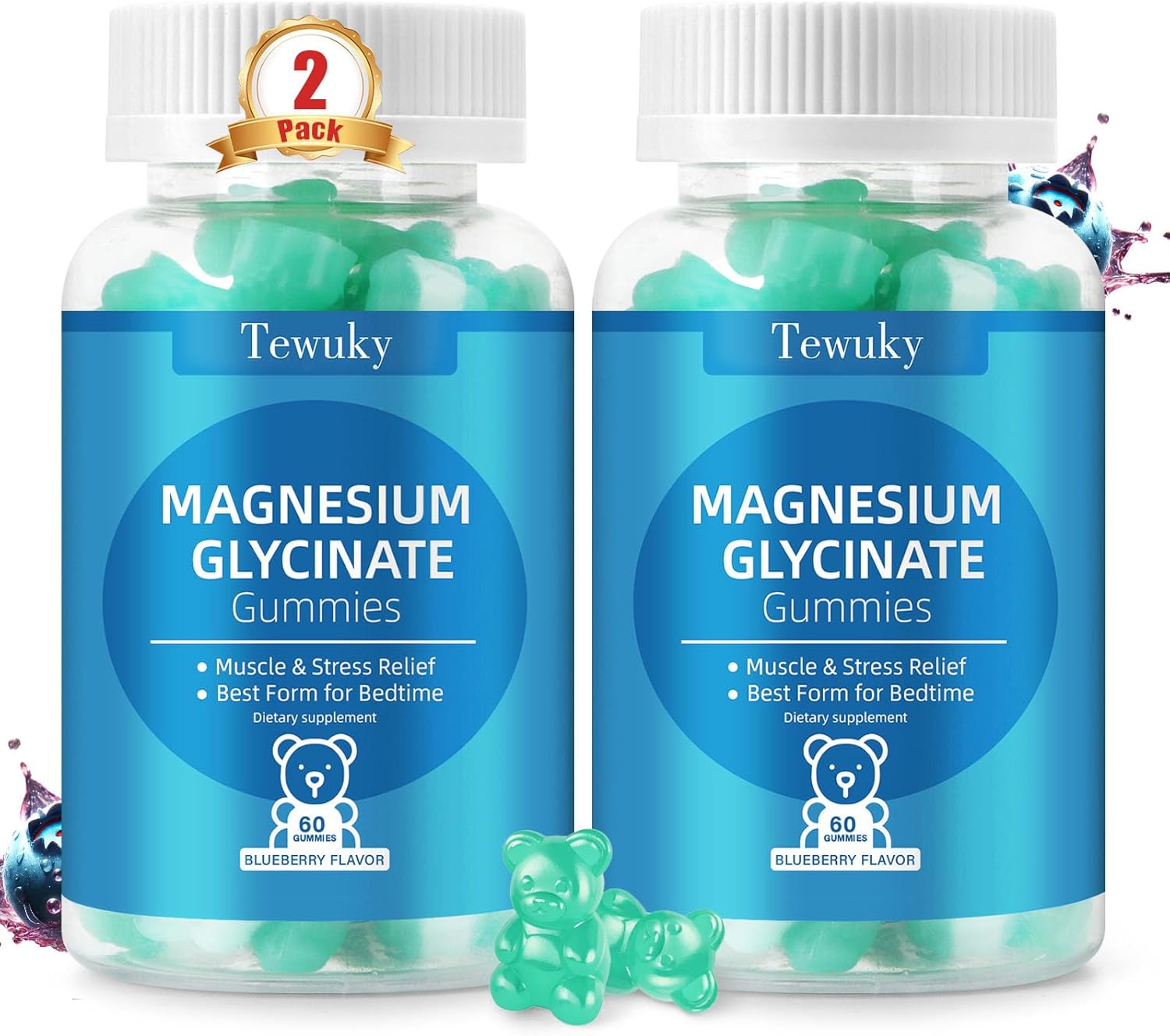 Magnesium Glycinate Gummies 2 Bottles, Sugar-Free for Adults & Kids, Best Magnesium Gummies for Sleep, Stress & Muscle Relief, Supports Bone & Nerve Health, Vegan, Pectin-Based, Blueberry Flavor