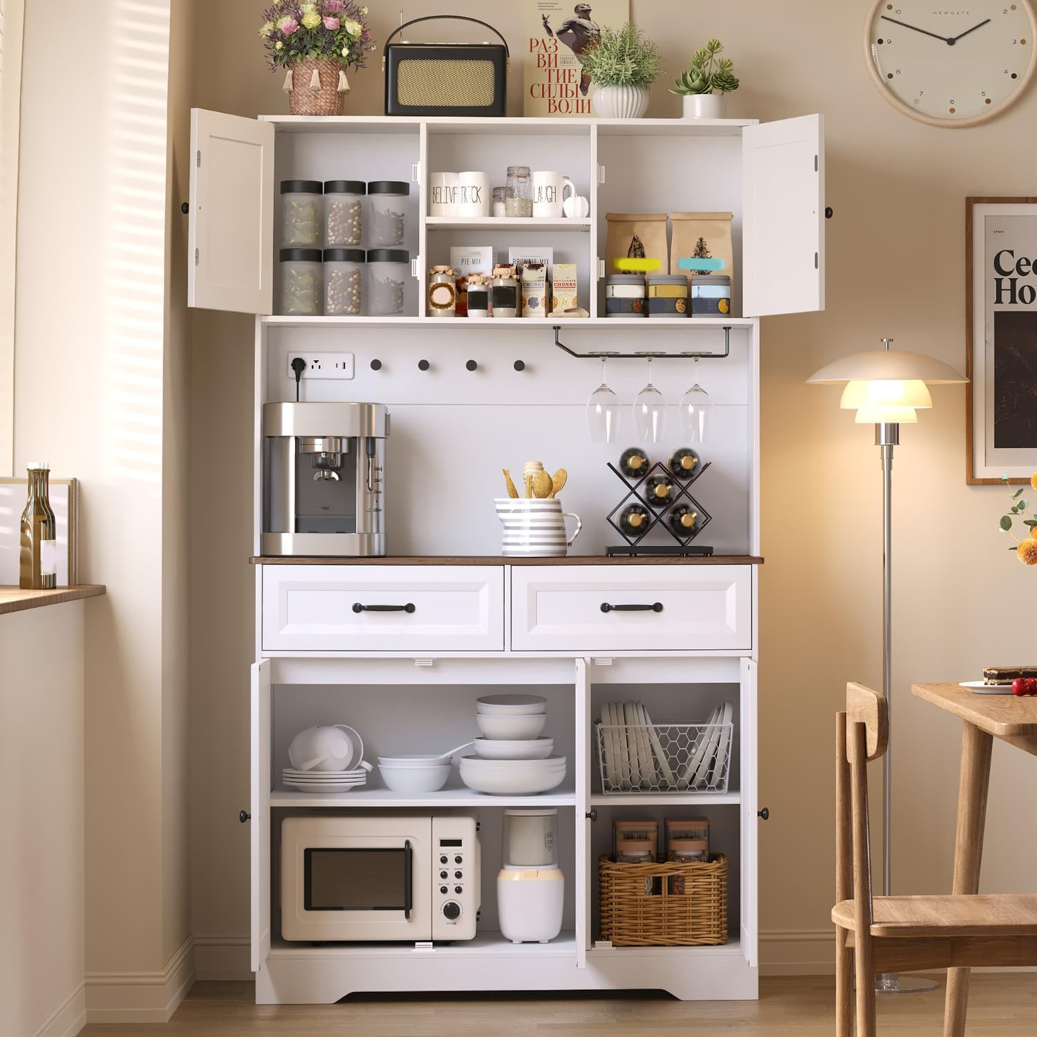 Gizoon White Buffet Cabinet with Charging Station, Tall Kitchen Pantry Storage Cabinet with Drawers & Adjustable Shelves, Freestanding Sideboard Cupboard for Dining Room, Living Room, Tabletop-Retro