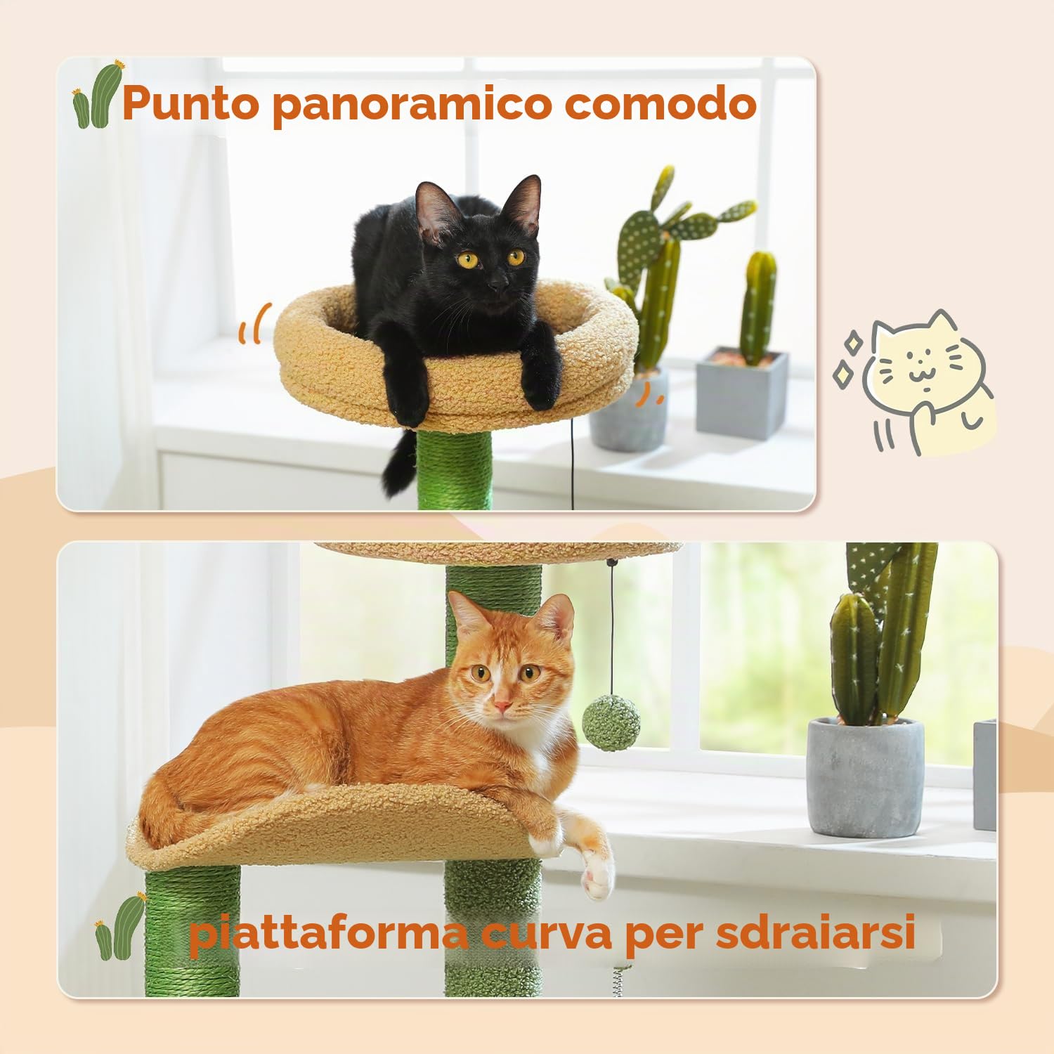 PETEPELA Tiragraffi da 78 cm, moderno cactus, per gatti di piccole dimensioni, dimensioni medie, con grotta di peluche, sfera in sisal