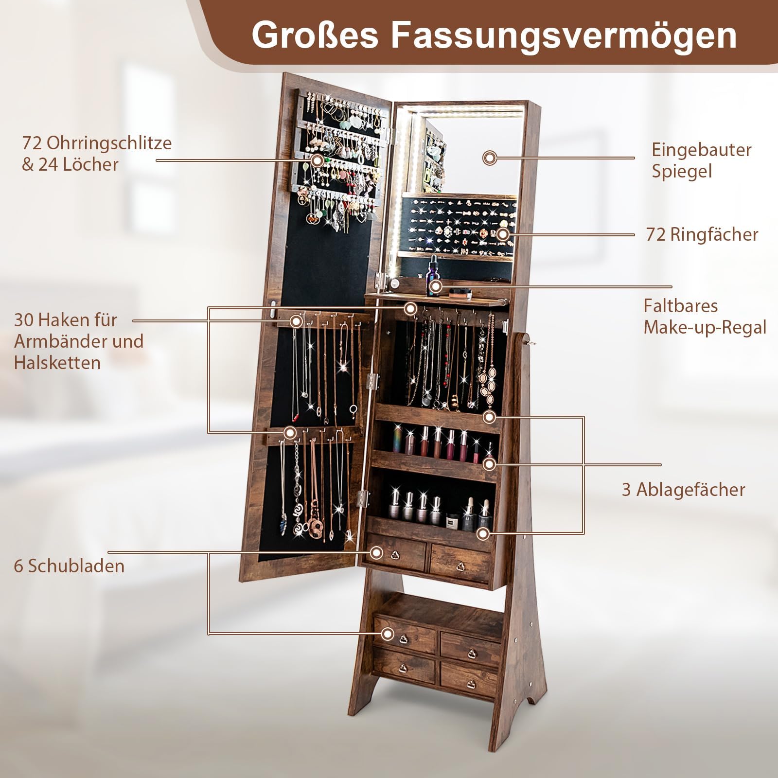 COSTWAY Schmuckschrank mit Spiegel, Spiegelschrank mit Beleuchtung, Schmuck Organizer mit Schubladen und klappbaren Ablage (Braun)