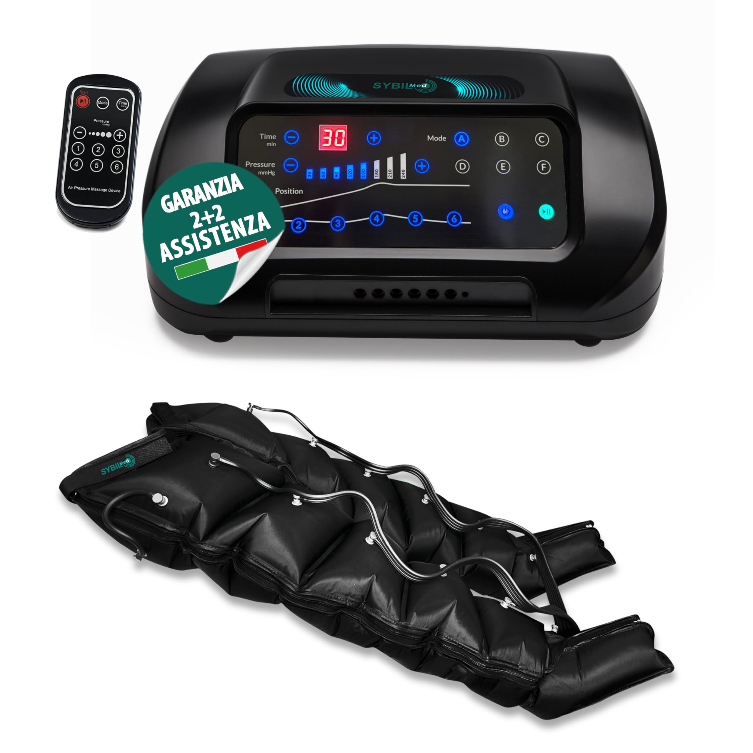 ELITE 6 Pressoterapia Linfodrenale Digitale, Massaggiatore Elettrico per Recupero Sportivo, 6 Camere D'aria con 2 Pantaloni per Gambe, Glutei e Addome