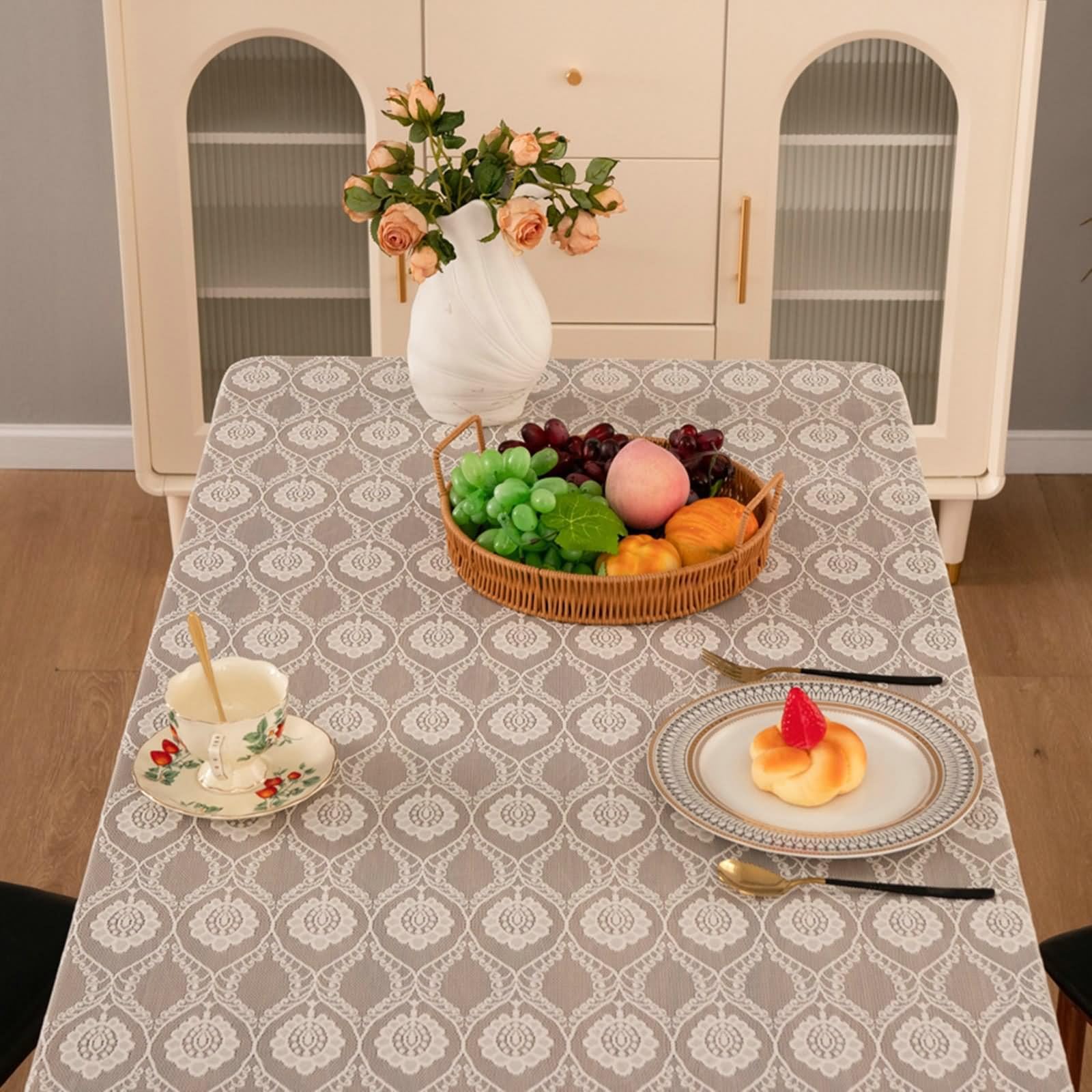 Tovaglia Beige Vintage, Tovaglia Tavolo Salotto 140x260cm Jacquard Floreale con Nappe Poliestere