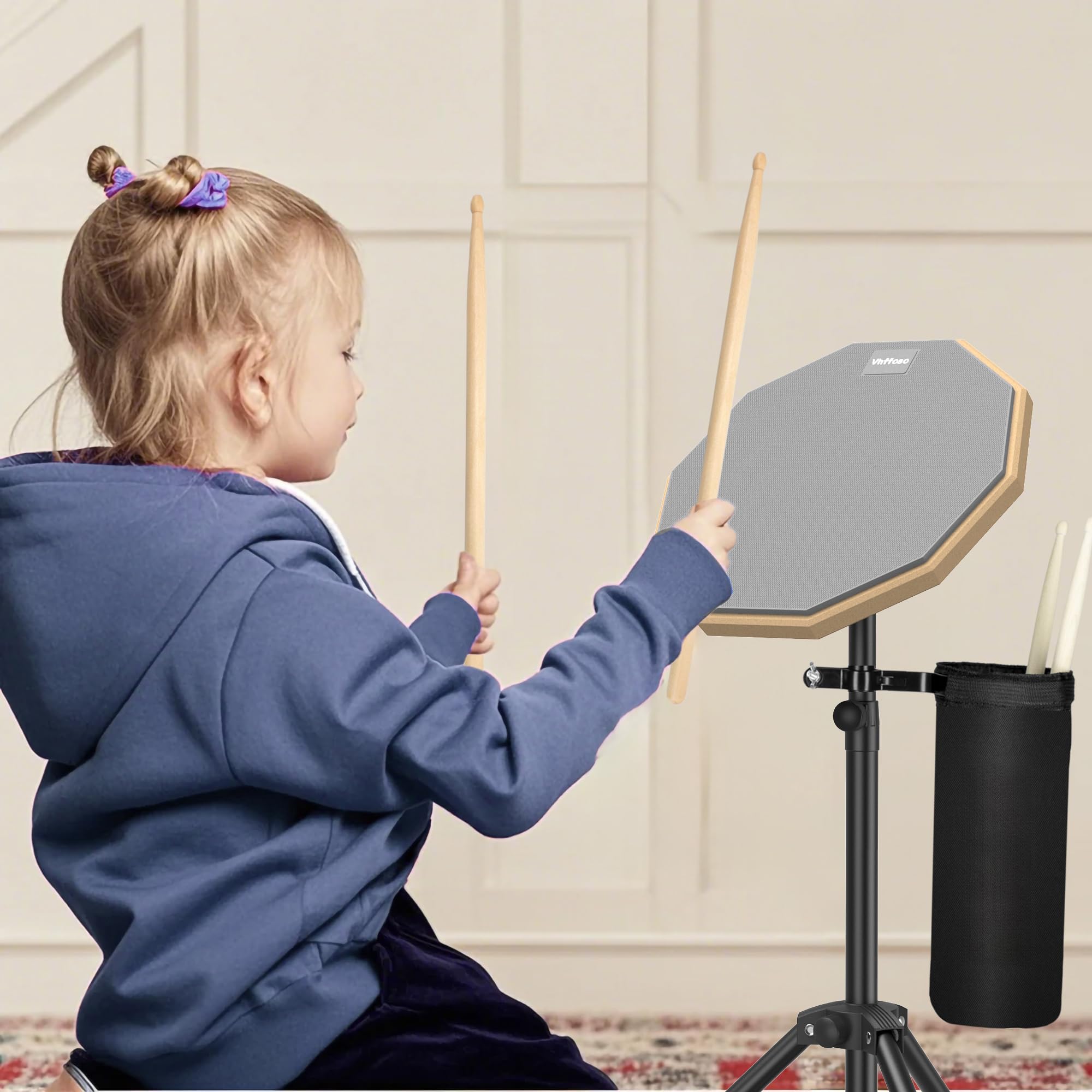 12 Inch Practice Drum Pad with Stand, Sticks and Drum Stick Bucket, Beginner Snare Drum Pad with Drumsticks(one pair) and Carrying Bag, Double Sided Silent Drum Pad (Gray)