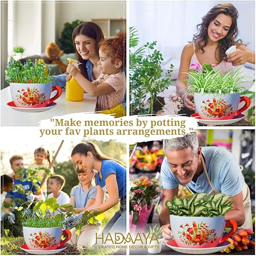 Vista 4 de hadaaya 7.5" Round Ceramic Teacup Shape Planter Pot with Saucer for Succulents Orchids Herbs Cactus Indoor Houseplants Flowers for Home Garden and