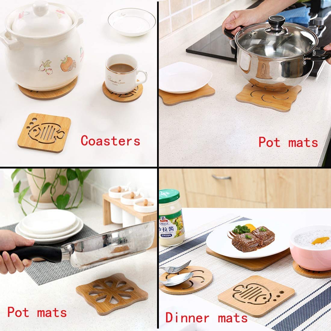 Naidev Cartoon Pattern Solid Wood Coaster Set Antiscalding Heat Insulation Pad Wooden Table Mat Non-Slip Kitchen Coasters- 6Pcs Hot Pan Pads (Random Pattern) 4