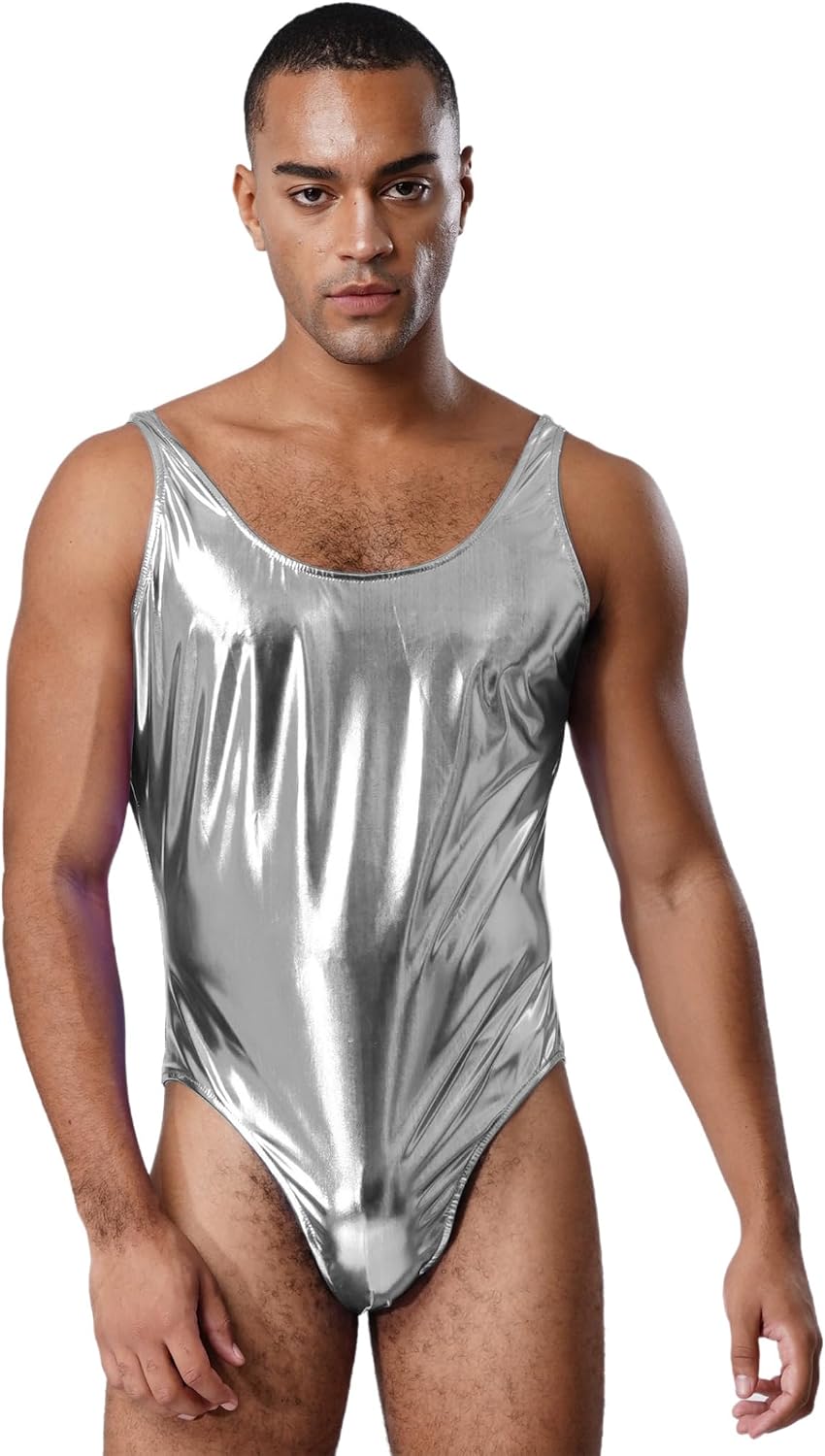Men's Sleeveless Shiny Metallic Bodysuit Swimwear Dance Gymnastic Leotard Stage Performance Jumpsuit