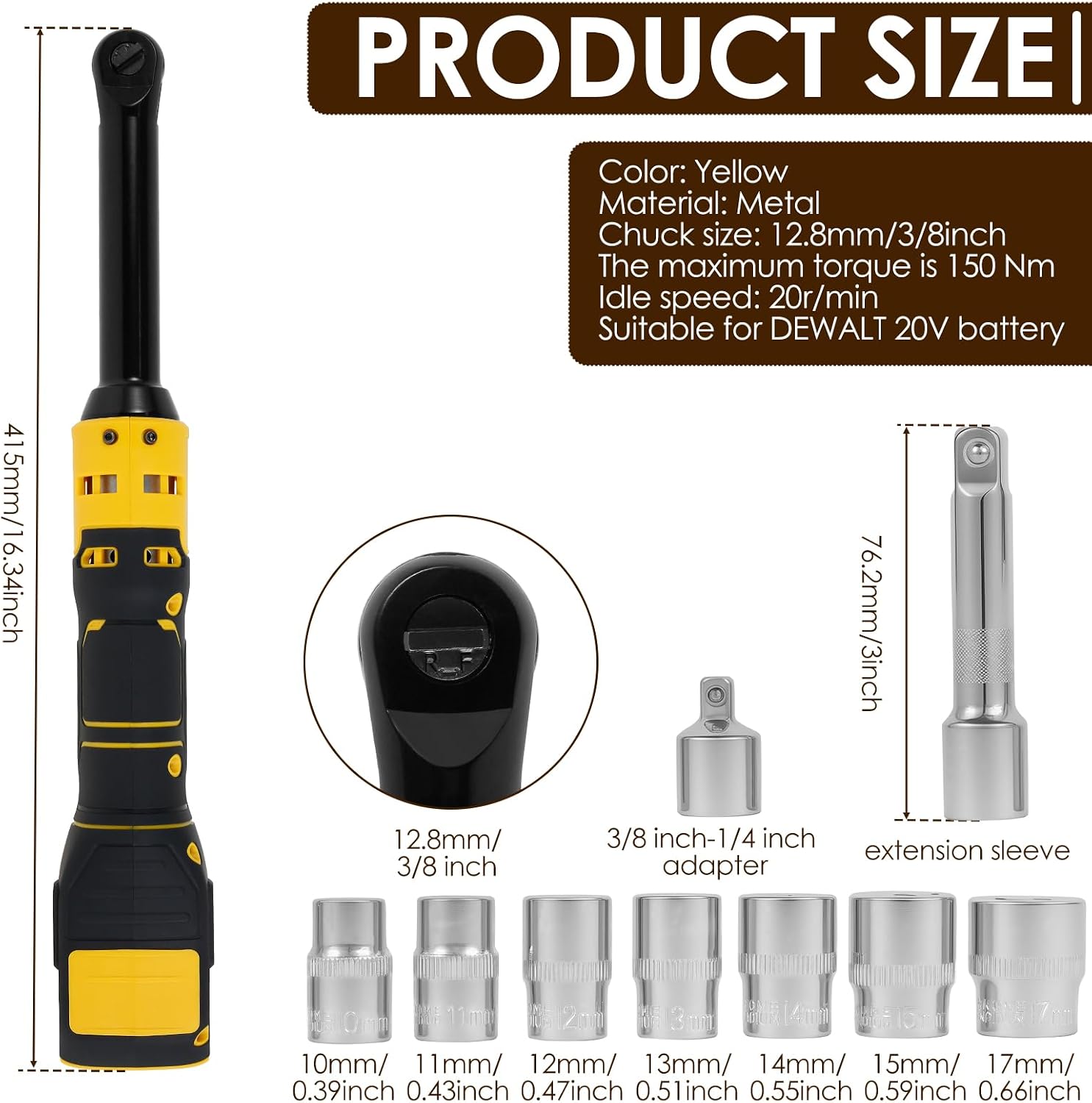 3/8" Cordless Ratchet Wrench for 20V Series Batteries, Extended Electric Ratchet Wrench with 8 Metric Sleeves,Built-in LED Light 1/4" Adapter & 3" Extension Bar