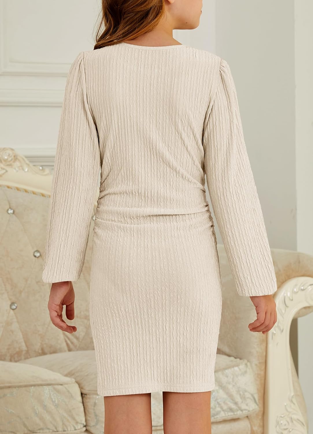 MITILLY Girls Fall Dress Long Sleeve Formal Short Dress with Slit Ruched Bodycon Party Prom Dance Graduation Fancy 8-14 Years - Image 3