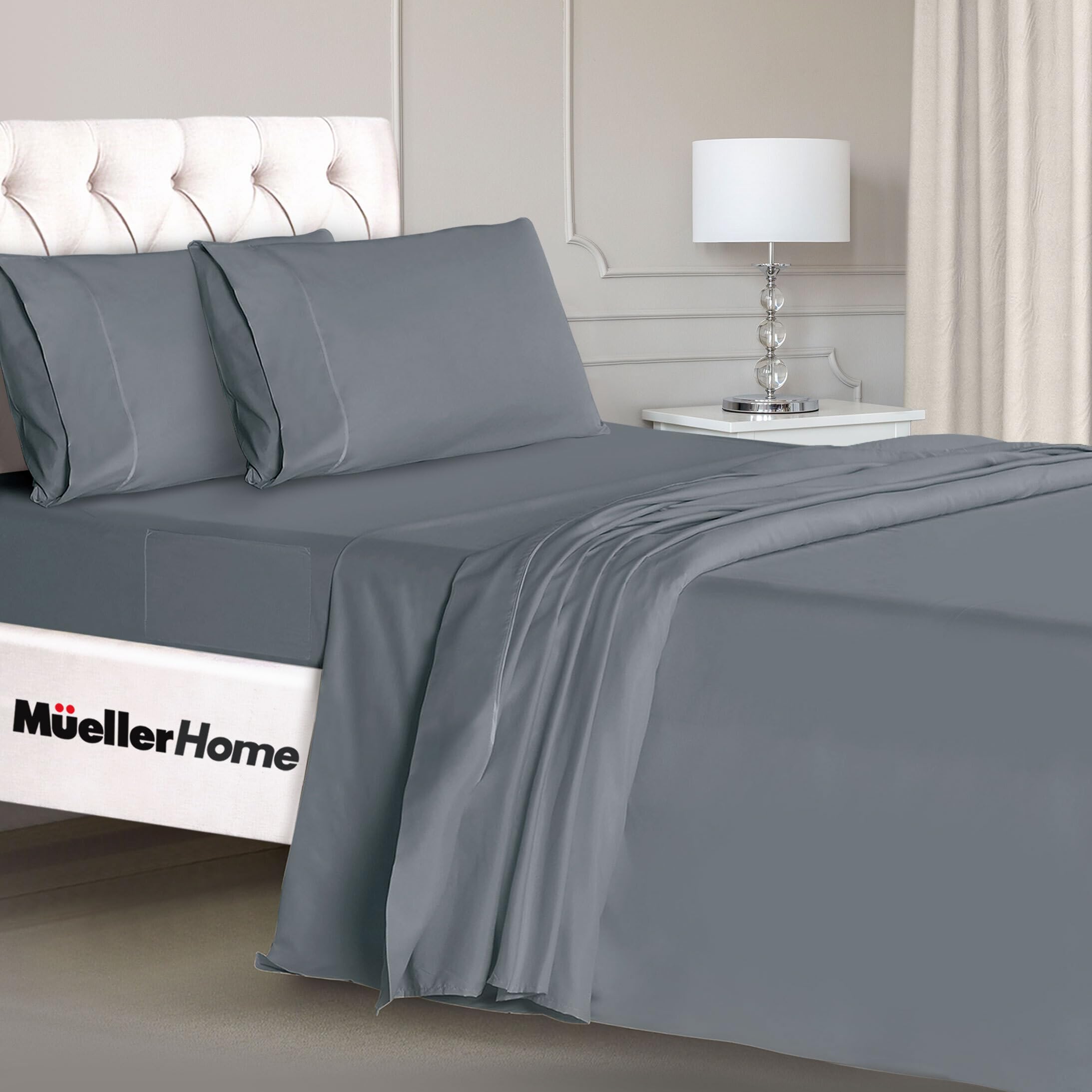 mueller luxury 4 piece twin xl sheet sets - ultra-soft 1800 series, cooling & breathable twin xl bed sheets, hotel quality bedding, deep pocket up to 16" - hypoallergenic, wrinkle-resistant,light grey