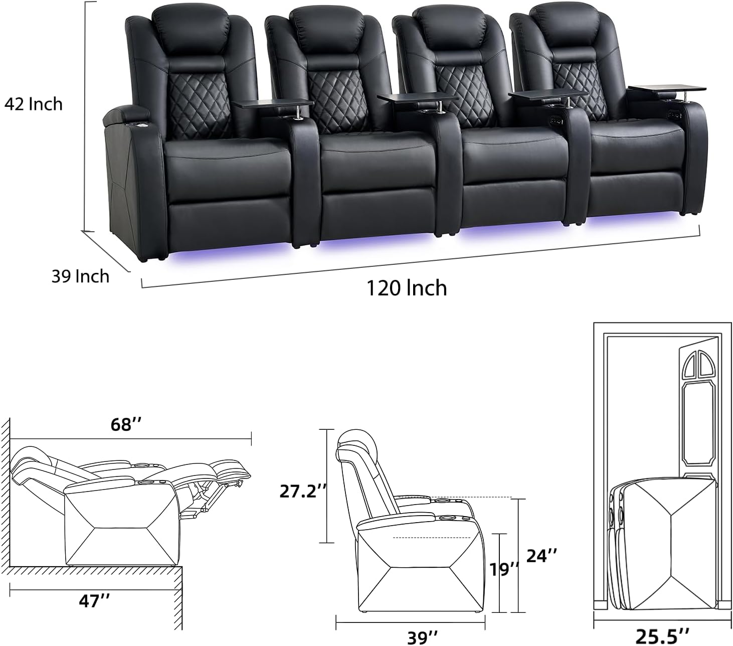 Home Theater Seating, Classic Series Leather Movie Theater Chairs, Power Headrest and Memory with C-Type USB Charger, 7-Color Ambient Lighting and Tray Table, Black Power Adjustable Recliner(Row of 4)