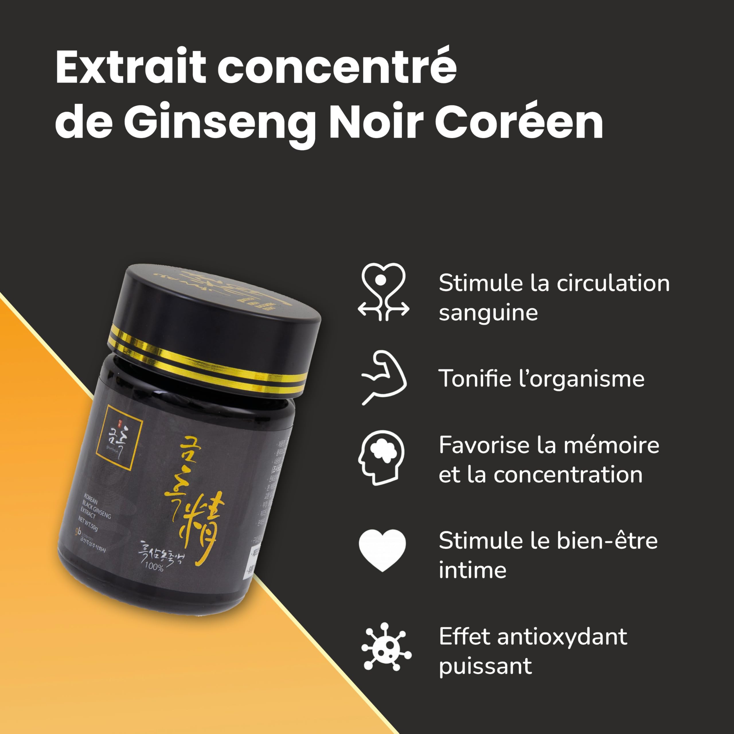 SAMSIDAE - Extrait de Ginseng Noir Coréen, Renforcé en Ginsénosides, Saponines 80 mg/g, Racines de 4 à 6 ans, Qualité Supérieure, Cure de 45 Jours, 50g