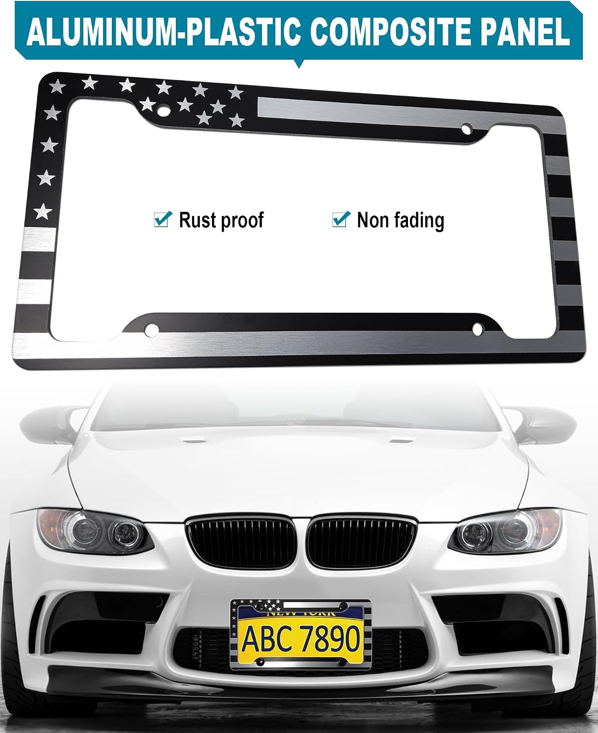 American Flag License Plate Frames- Heavy Duty Aluminum-Plastic Composite Patriotic Car Tag Holder with Mounting Hardware & Screws Caps (Black)，2 Pack for Front Rear