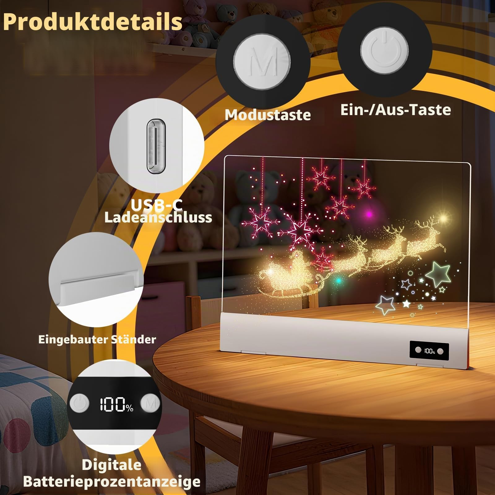 16 Zoll LED Zeichenbrett, Wiederaufladbares Leuchtpult mit 1500mAh Akku, Prozentanzeige, 12 Modi Leuchttafel für Kinder, Abwischbares Acryl Memo Board mit 12 Markern