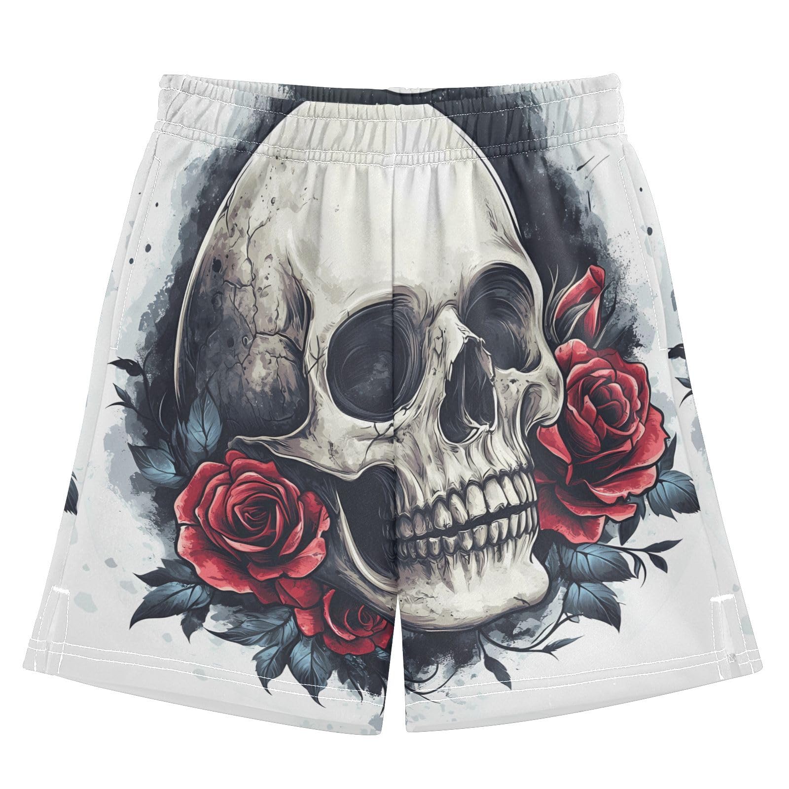 panksolu Skull Red Rose Shorts for Boys Summer Athletic Outdoor Boys Shorts Size 9-10