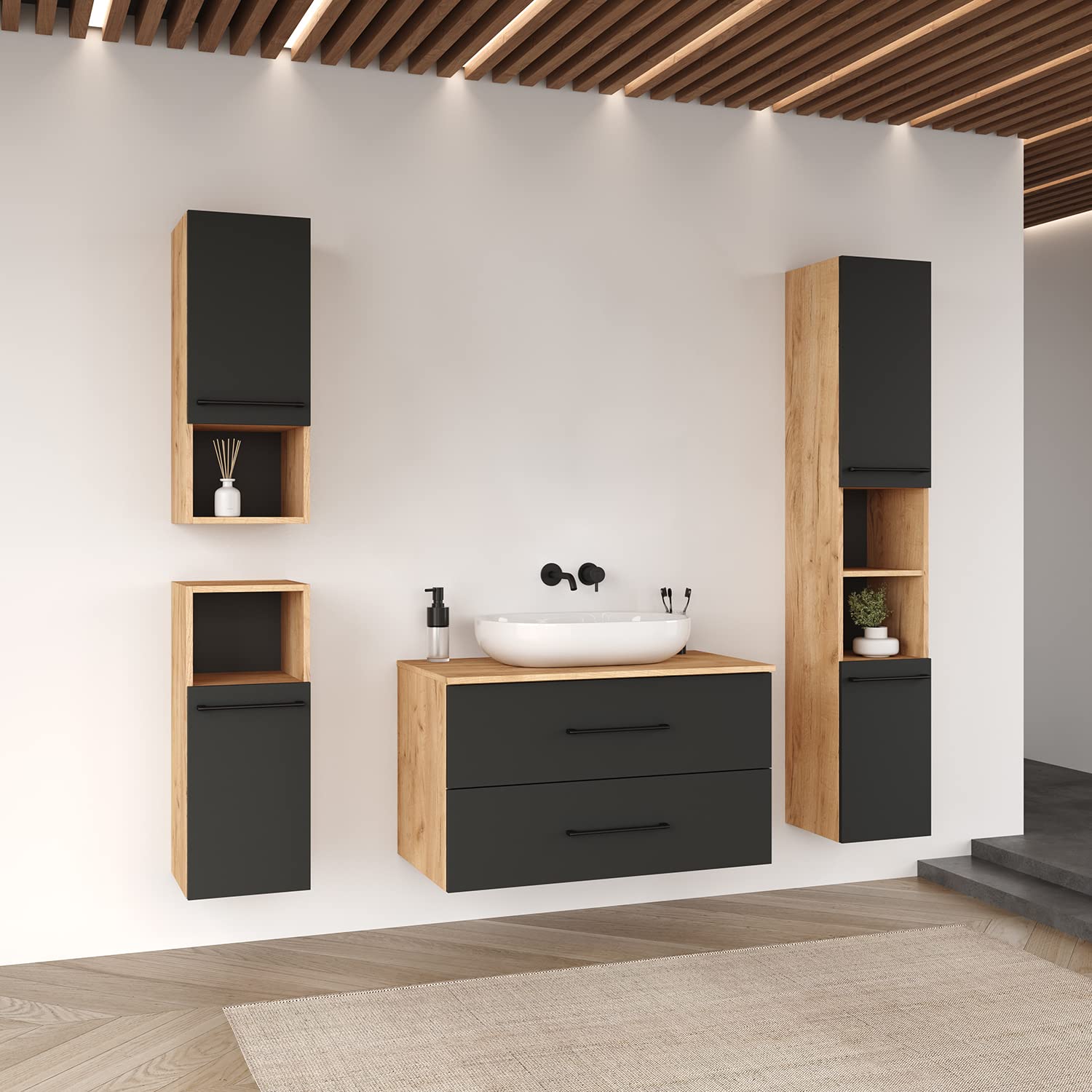 Planetmöbel Ensemble de Meubles de Salle de Bain LUX 90 cm, sans lavabo, avec Armoire Haute, chêne doré/Anthracite et 2 armoires midi doré/chêne doré/Anthracite