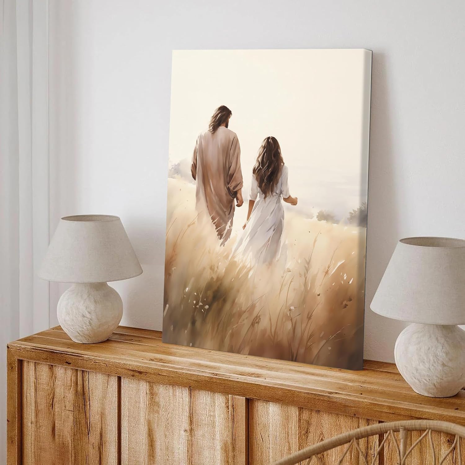 Jesus Woman Canvas Wall Art Jesus Walking With A Woman Pictures Posters Print Christian Wall Decor Painting for Church Prayer Room Living Room Bedroom Home Decor