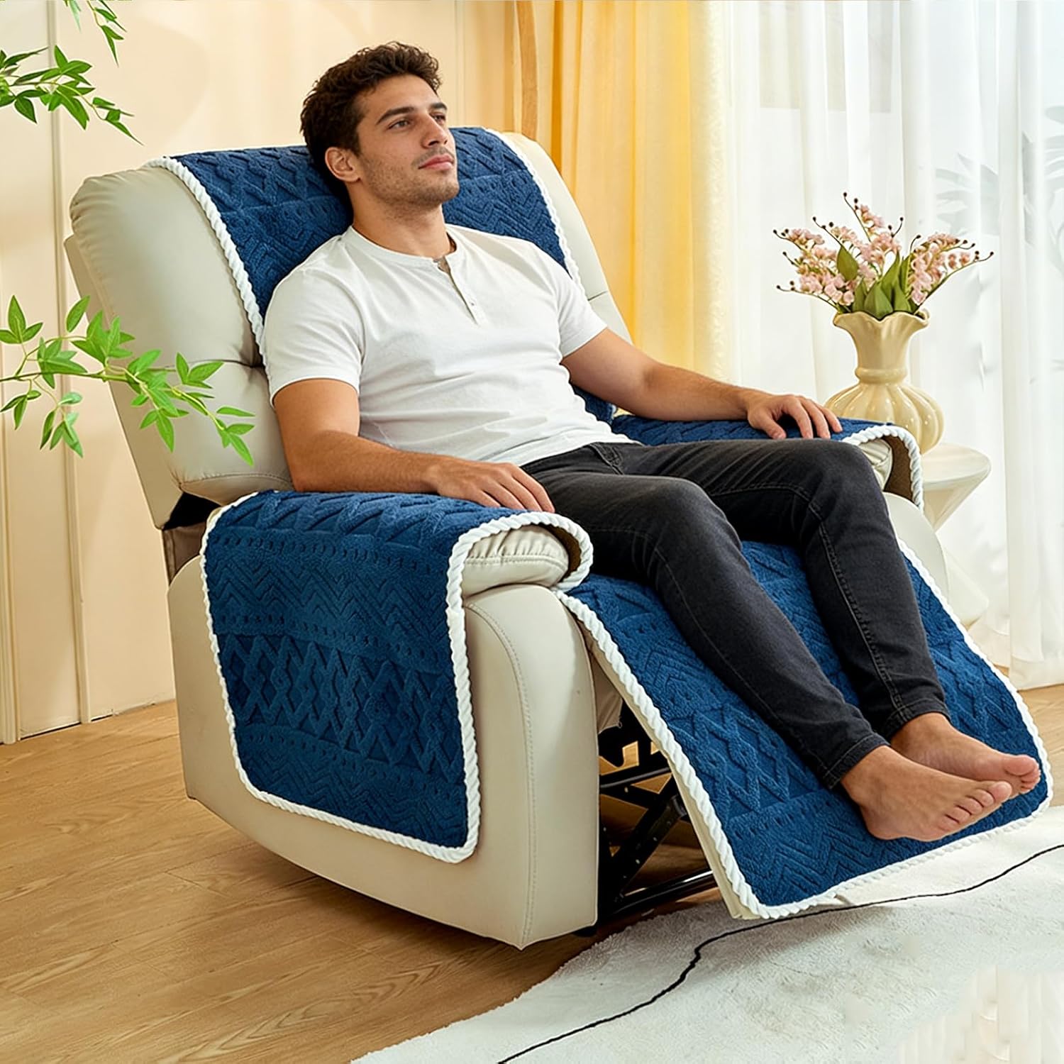 Cotton Fluff Recliner Chair Covers, Recliner Slipcover Armrest Cover with Pockets Non Slip Reclining Couch Cover Soft Comfort Washable Sofa Recliner Cover ,Furniture Protector for Kids, Pets (Blue)