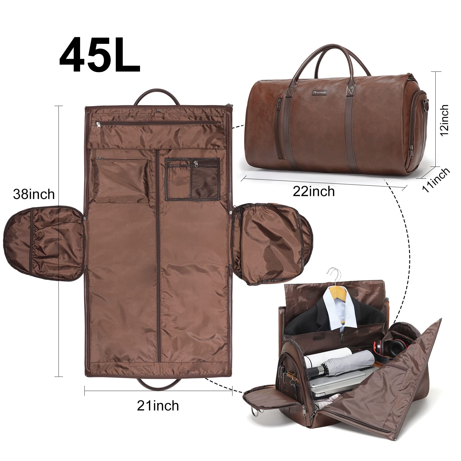 Modoker Sac à vêtements en Cuir Convertible, Sacs à vêtements de Voyage, Sac de Sport, Cadeaux pour Hommes Femmes Affaires Valise étanche Costume Sacs de Voyage, Marron