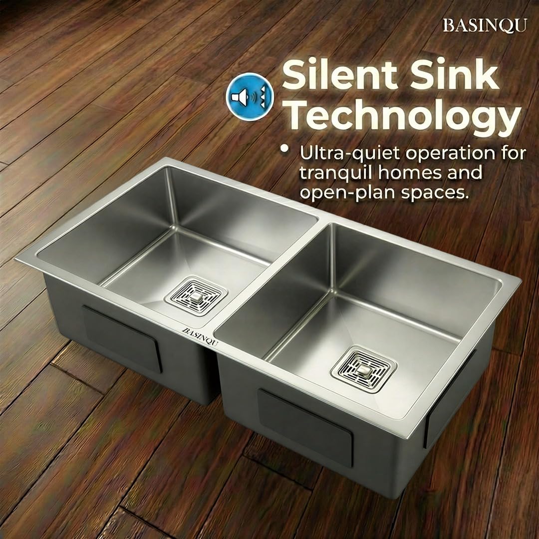 BASINQU BASINQU Kitchen Sink 45x20x10 Inch Handmade Double Bowl Sink for Kitchen Basin 304 Grade Stainless Steel Sink Brushed Matte Finish Including Coupling Fruit Tray Hose Pipe Kitchen Basin Sinks 3