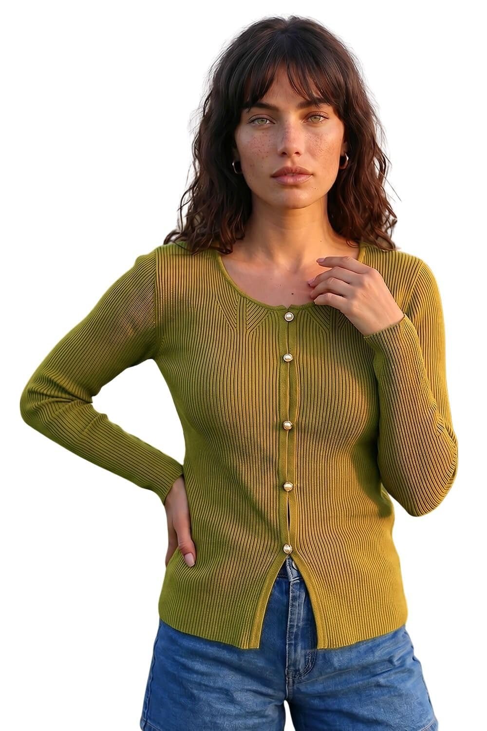 Roman Women's Olive Pearl Ribbed Knit Jumper In | Size: 14