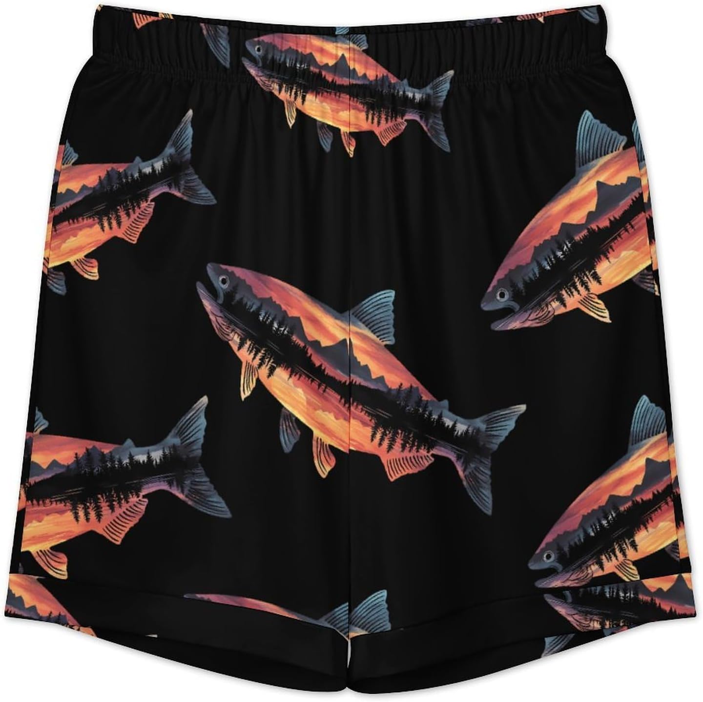 SalmonS Fish Mountains Men's Short Sleeve Pajama Set Satin Silk Like Lounge Sleepwear