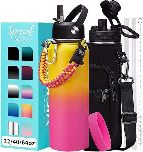 Miniatura 15 de Botellas de agua de 32 onzas aisladas con pajita y tapa para beber de un sorbo, asa de paracord, bolsa de transporte con correa, termo de triple