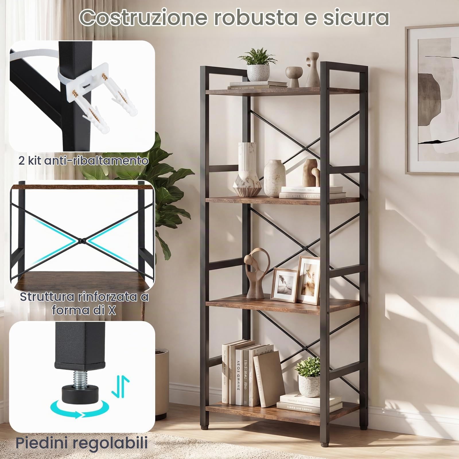 KOMFOTTEU Scaffale a 4 livelli, libreria verticale con ripiani aperti, mobile di stoccaggio stretto con struttura in metallo e dispostivi antiribaltamento per soggiorno, 42 x 28 x 100 cm (marrone e