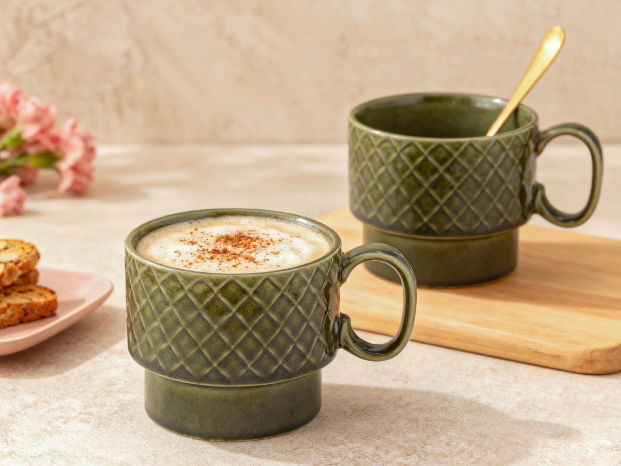 Stackable Ceramic Soup and Coffee Mug, Glossy Finish Microwave Safe Bone Ash Free Mug for Gifting, Ideal for Maggi, Cappuccino, Latte, Green Tea (500Ml, Moss Green) | Pack of 2