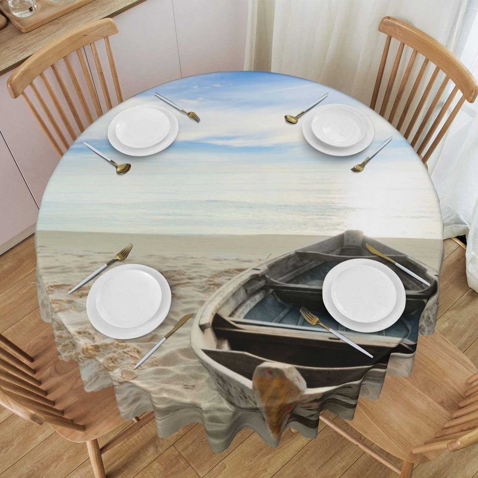 DCEHGEW 60 In Round Tablecloth with Lace, Boat Beach Sunrise Time Nautical Printed Oilproof & Washable Fabric Picnic Table Cloth Table Covers