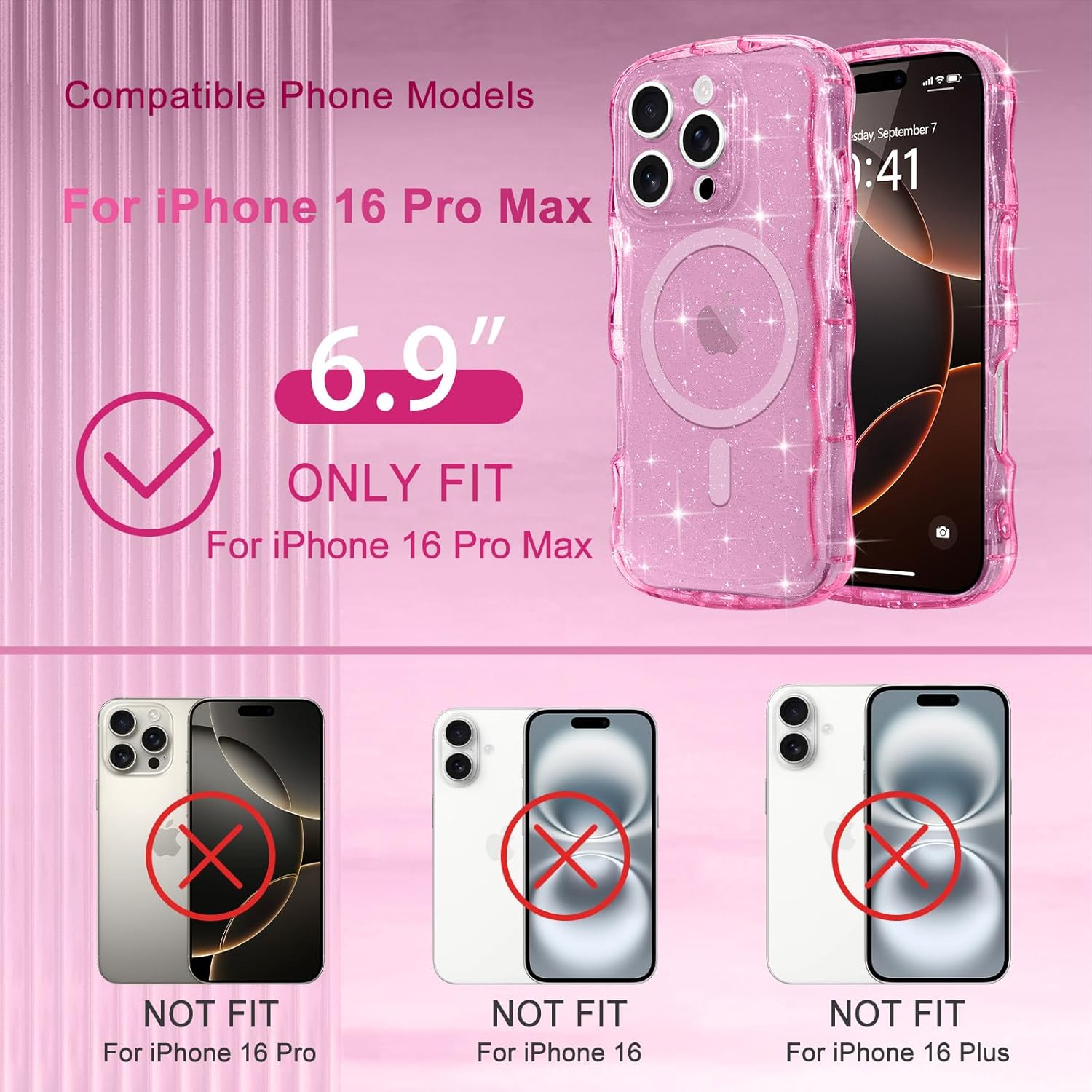 Magnetic for iPhone 16 Pro Max Case Clear, Sparkly Bling Glitter Cute Curly Wave Bumper Cover for Women Girls Compatible with MagSafe TPU Shockproof Phone Case for iPhone 16 Pro Max, Hot Pink - Image 2
